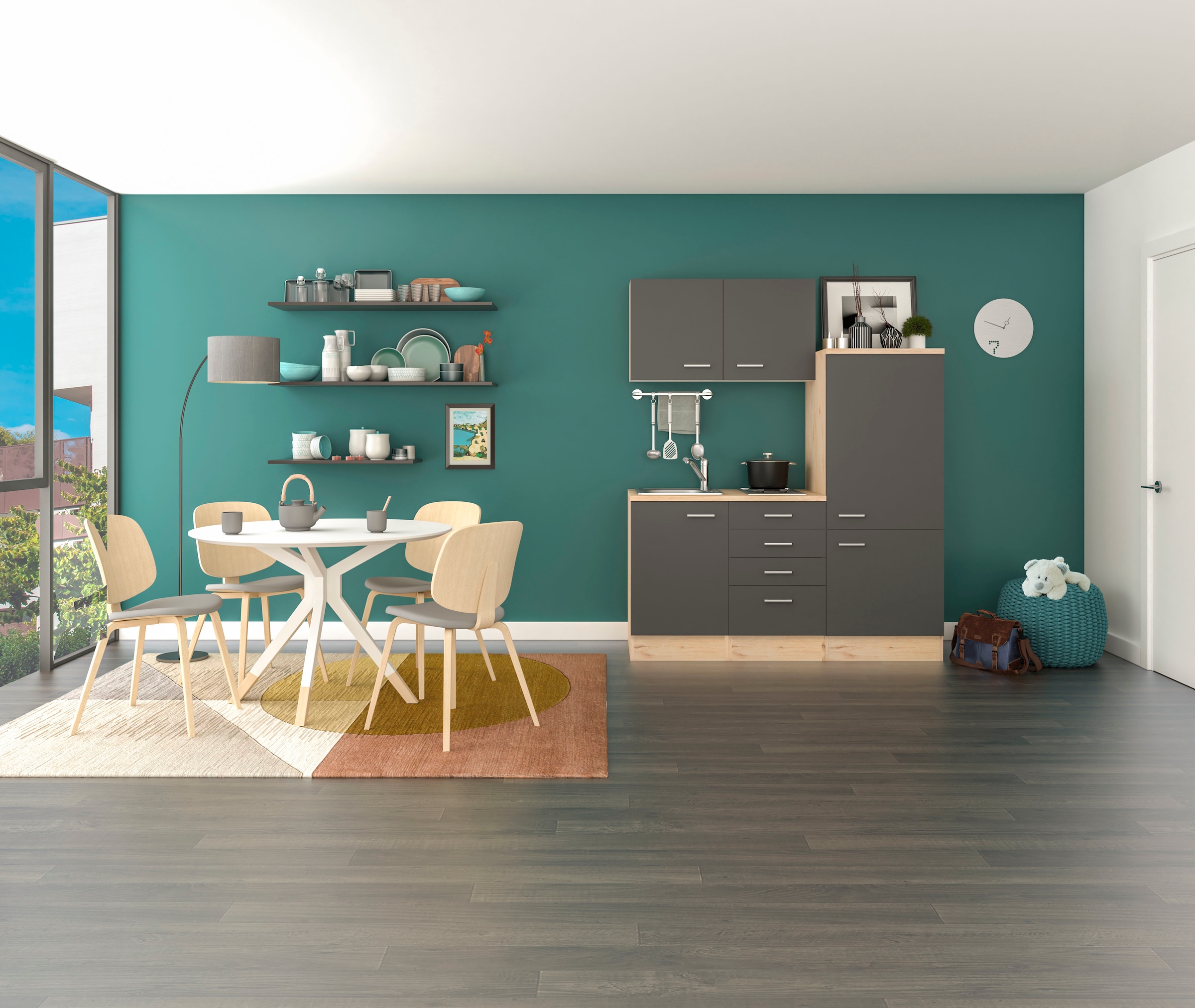 Flex-Well Küchenzeile »Morena«, Gesamtbreite 160 cm, mit Einbau-Kühlschrank, Kochfeld und Spüle, etc.