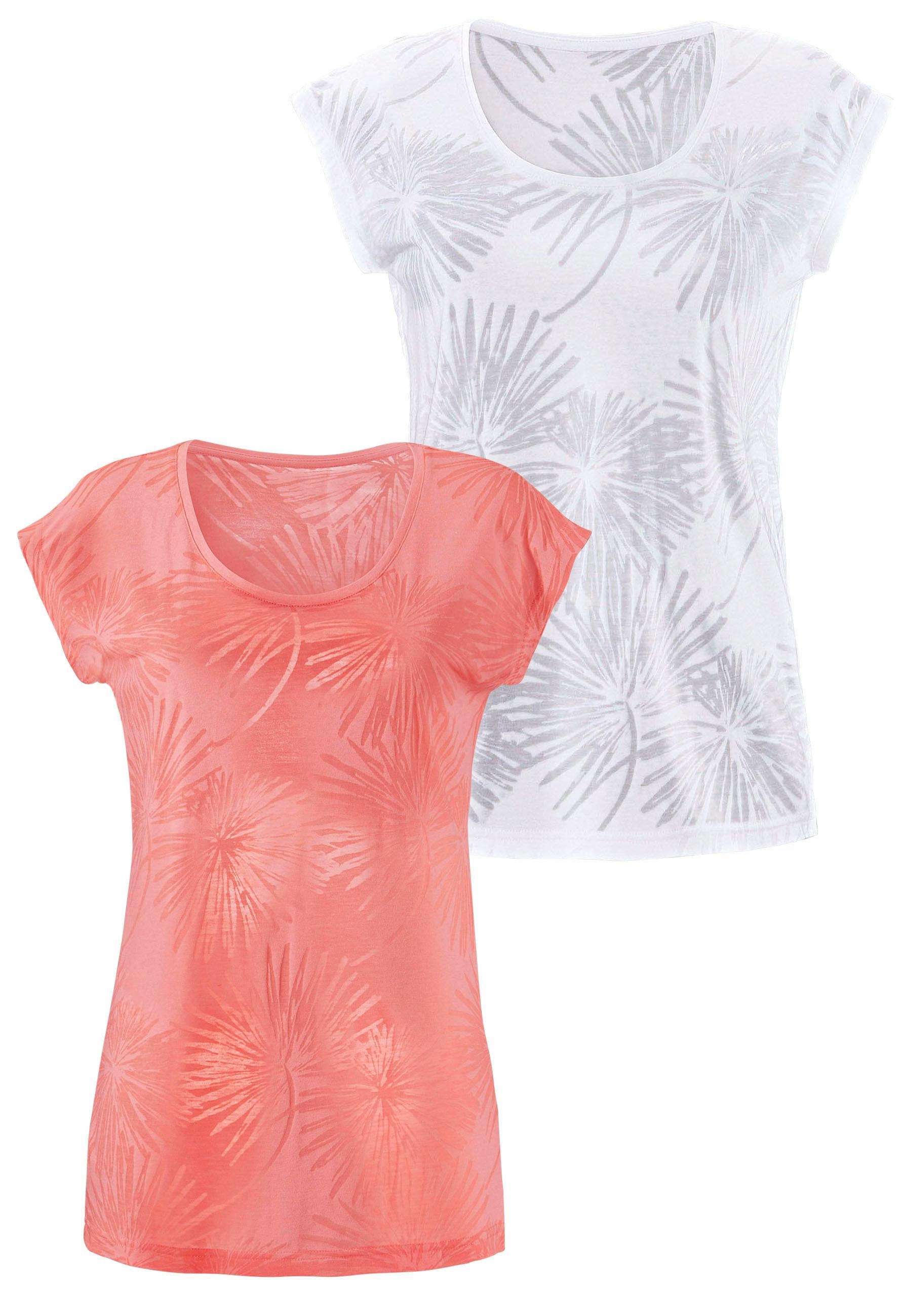 Beachtime Kurzarmshirt »mit leicht transparenten Palmen«, (2er-Pack), aus weicher Ausbrenner-Qualität