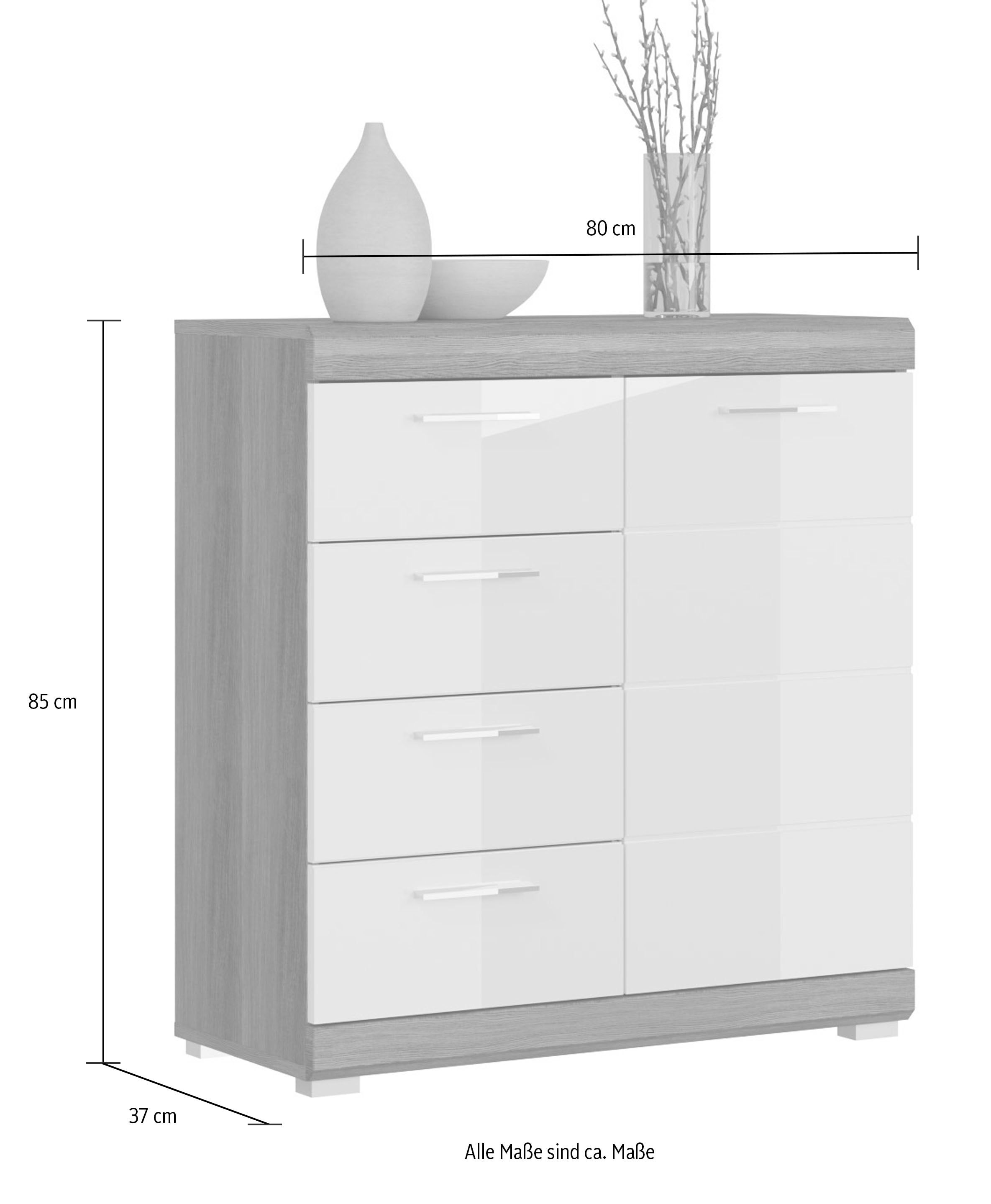 INOSIGN Kommode »Siena, Breite 80 cm, 1 Tür, 2 Einlegeböden, 3 Fächer, 4 Schubkästen«, Front-Rillenfräsung, Schuhkommode, Schuhschrank, Anrichte, Sideboard