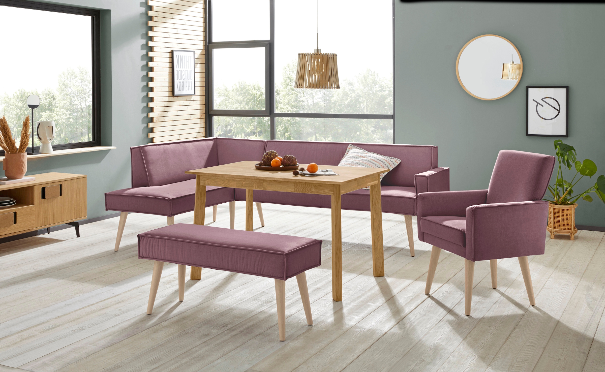 exxpo - sofa fashion Eckbank »Lungo, moderne Kedernaht, bequem und elegant, hoher Holzfuß«, hochwertige Detailverarbeitung, frei im Raum stellbar