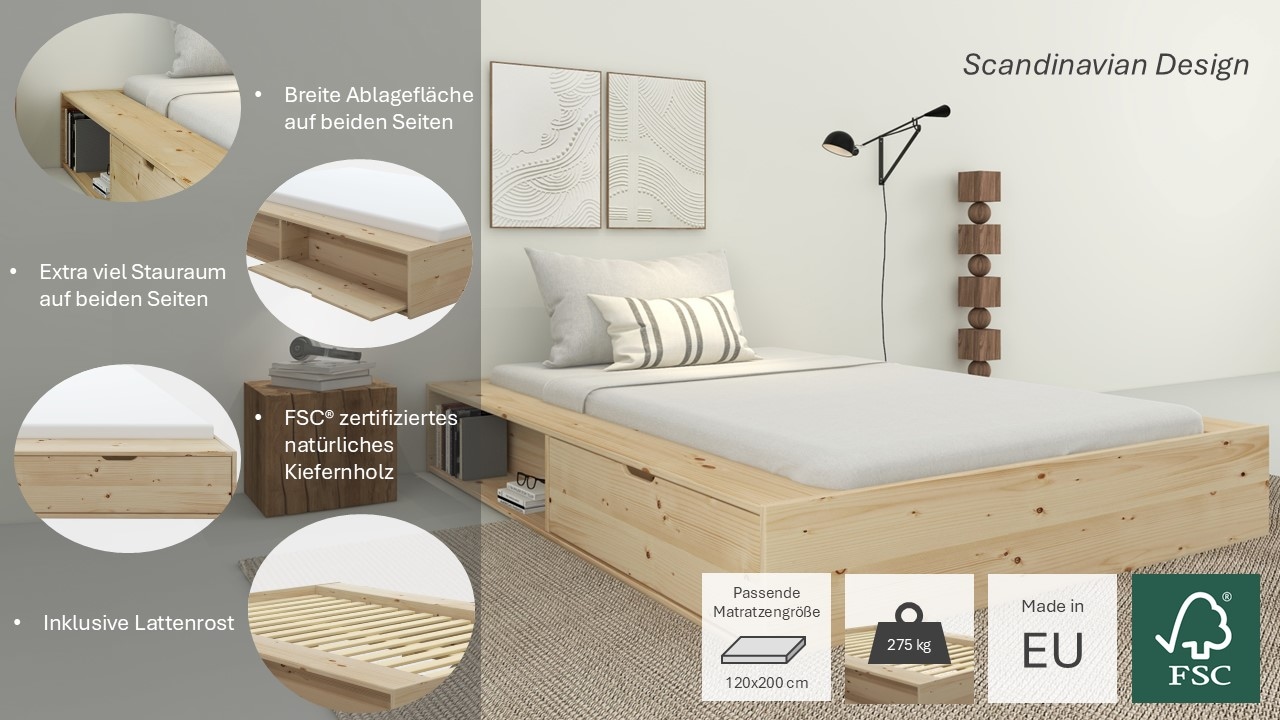 Home affaire Stauraumbett »Erno, Massivholzbett, Futonbett, 275KG belastbar«, (Breite/ Belastbarkeit: 120cm/275 KG, 180cm/275 KG), mit Lattenrost, Massivholz, FSC® zertifiziert, viel Stauraum + Ablagen