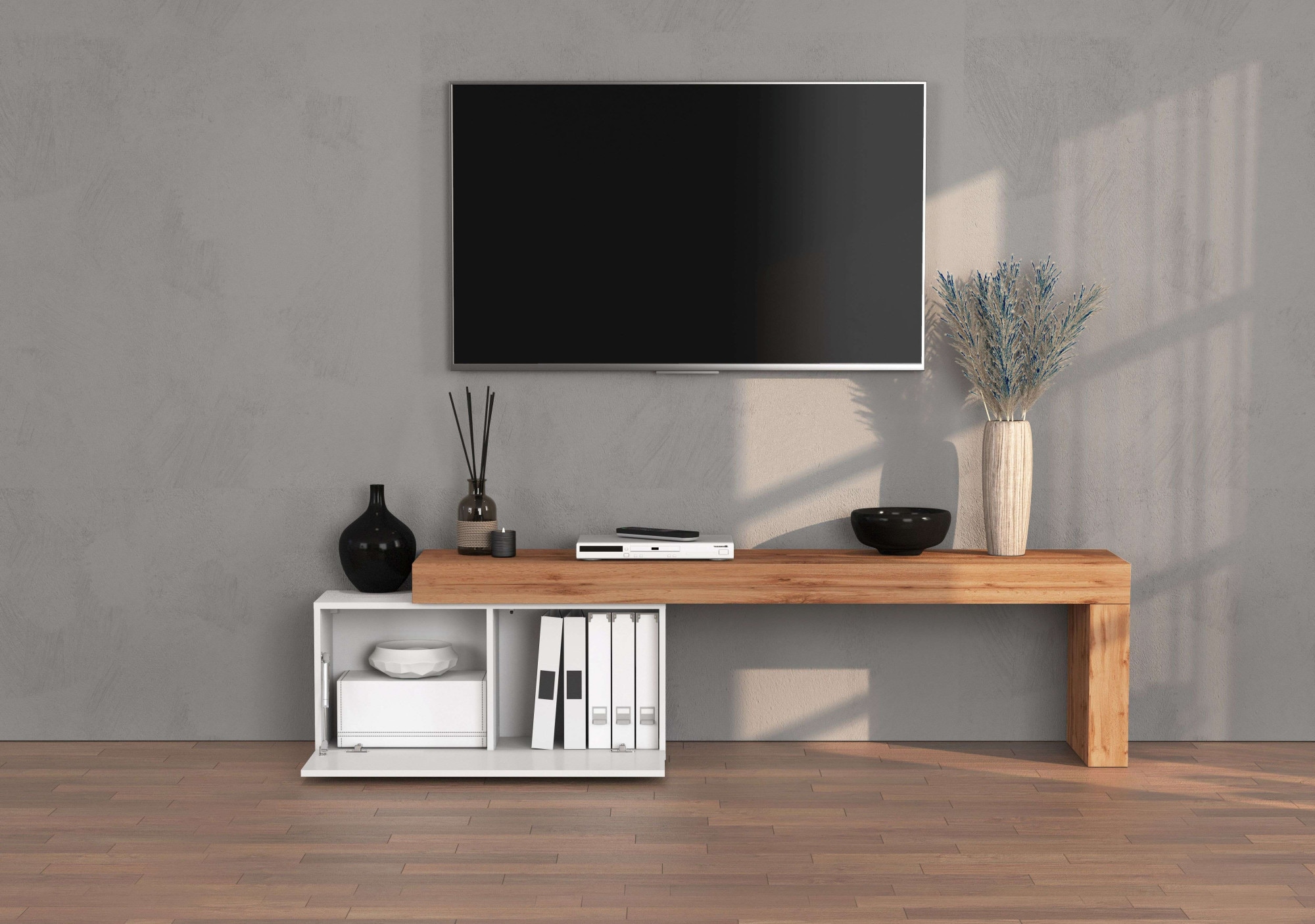 INOSIGN Lowboard »Chronos TV-Board, TV-Schrank«, (1 St., Breite verstellbar von 180 bis 260 cm), Breite 220 cm TV-Board,Lowboard,1 Klappe und ein L-Förmiger Aufsatz