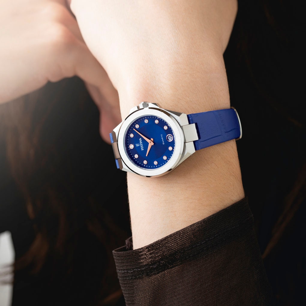 Festina Quarzuhr »Mademoiselle«, Armbanduhr, Damenuhr, Lederarmband, analog, Tag, Zirkonia (synth.)