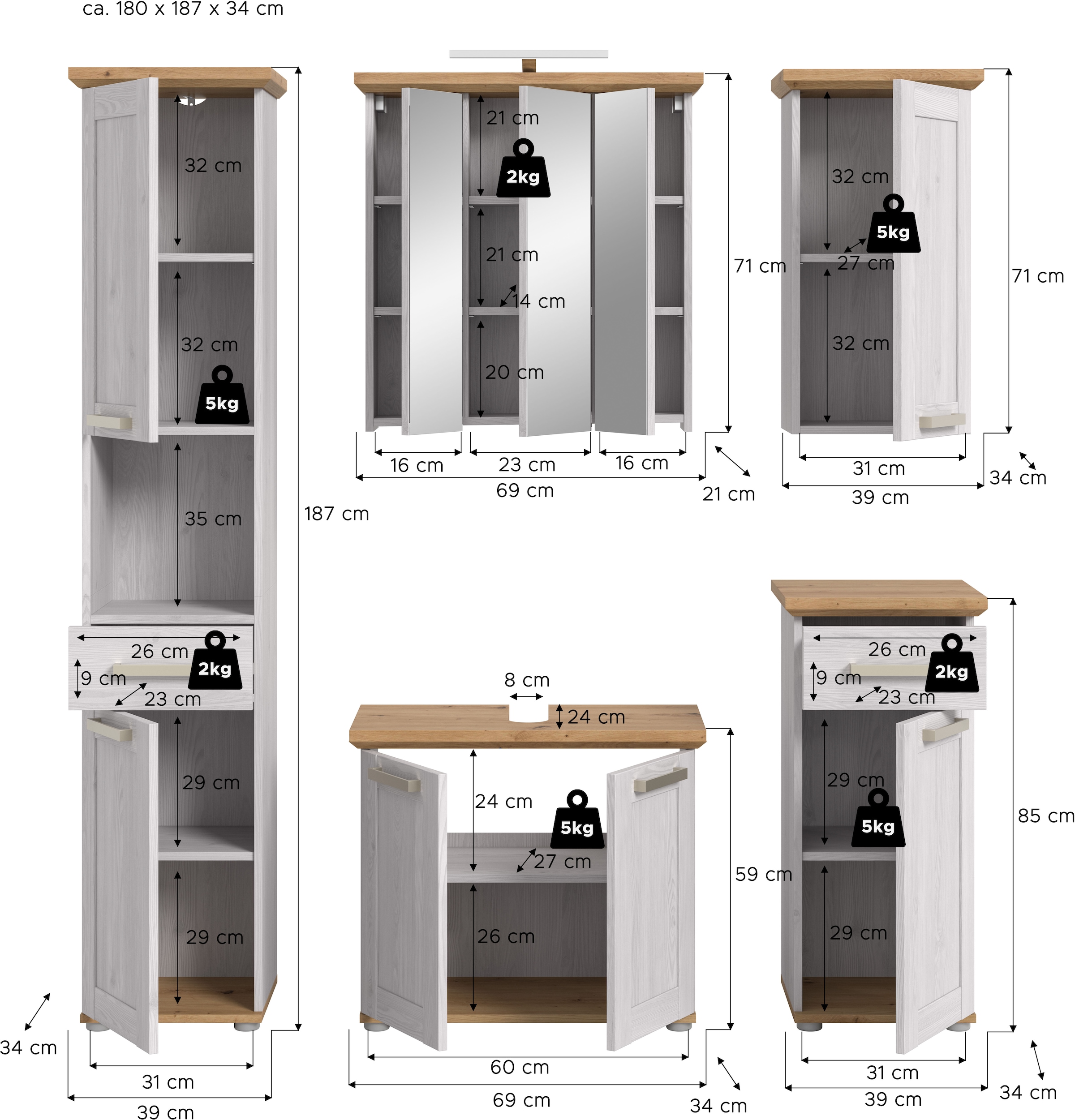 welltime Badmöbel-Set »COSENZA, 5-teilig, inkl. Beleuchtung, mit farblich abgesetztem Kranz« best aus: Hochschrank, WBU, Spiegelschrank, Hängeschrank, Unterschrank, 6 Stk. tlg.