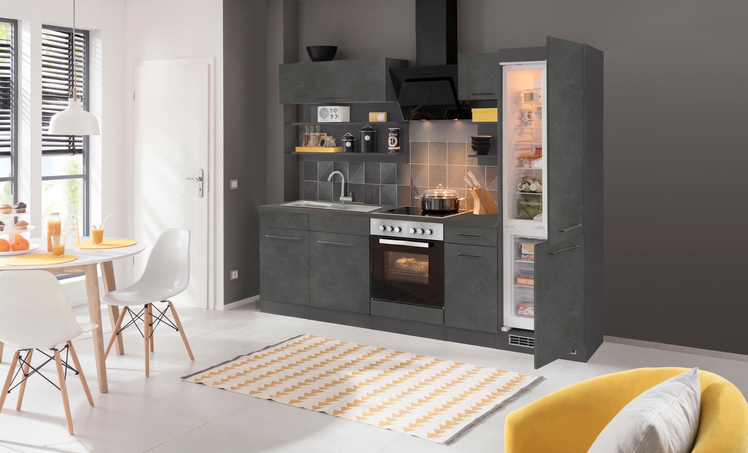 KOCHSTATION Küchenzeile »KS-Tulsa«, mit E-Geräten, Breite 270 cm, schwarze Metallgriffe, MDF Fronten