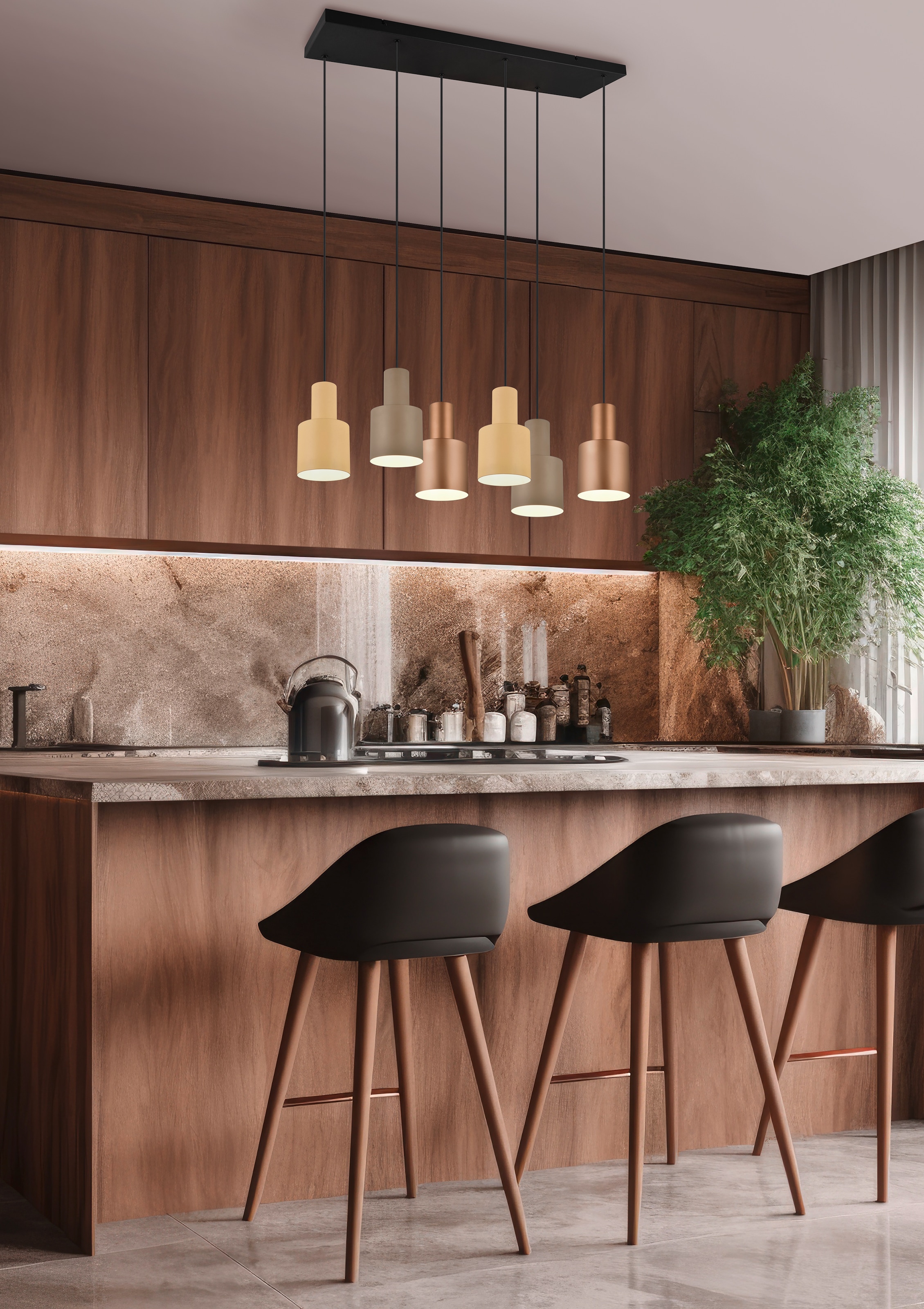 TRIO Leuchten Pendelleuchte »AGUDO, Hängelampe 6-flammig exkl 6xE27 max 40W höhenverstellbar«, 6 flammig, Leuchtmittel E27 | Leuchtmittel wechselbar, mehrfarbige Lampenschirme in beige taupe & coffee, Esszimmerlampe