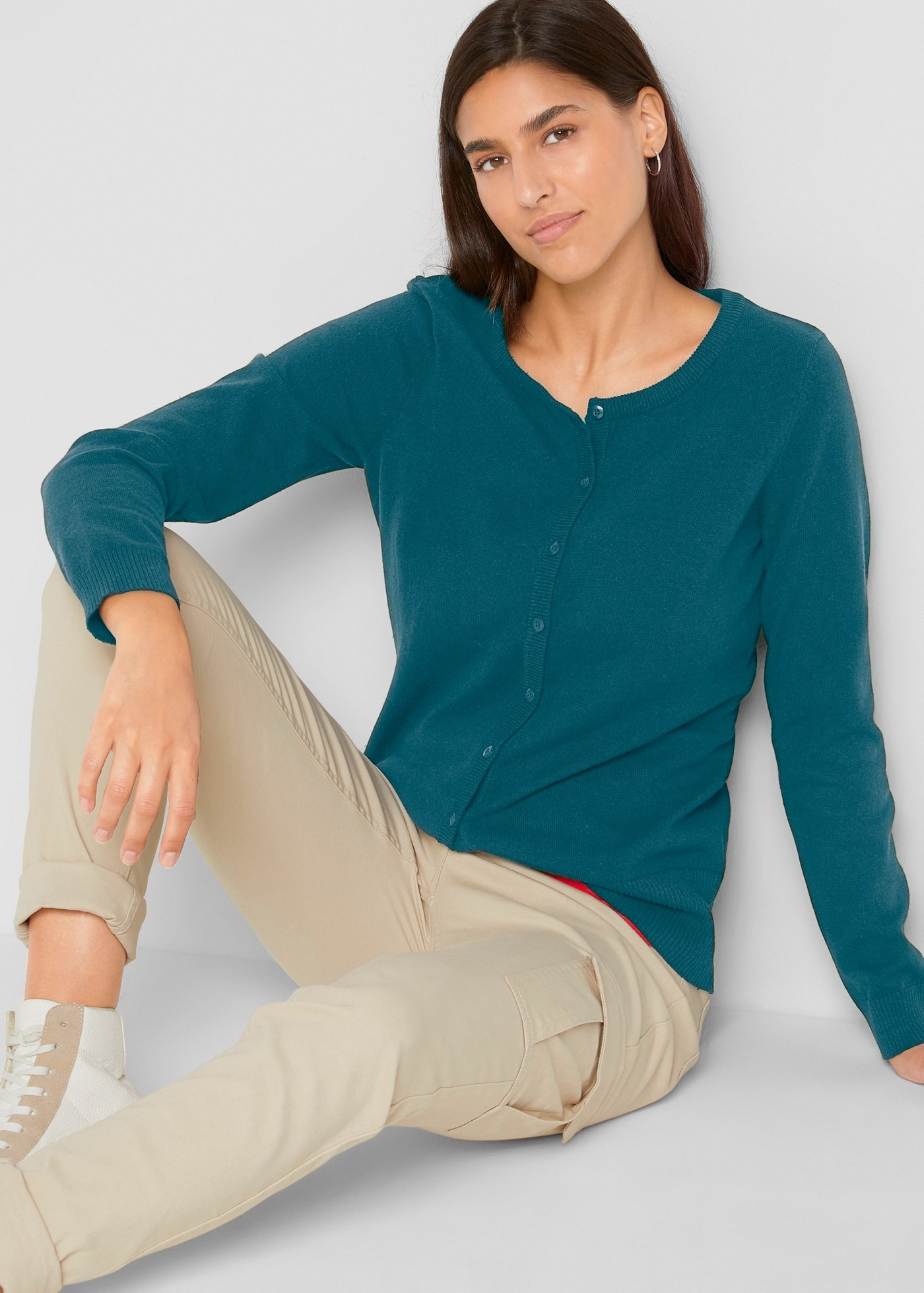 bonprix Strickjacke gerade Passform, unifarben, aus Baumwollmischung, mit Knopfleiste