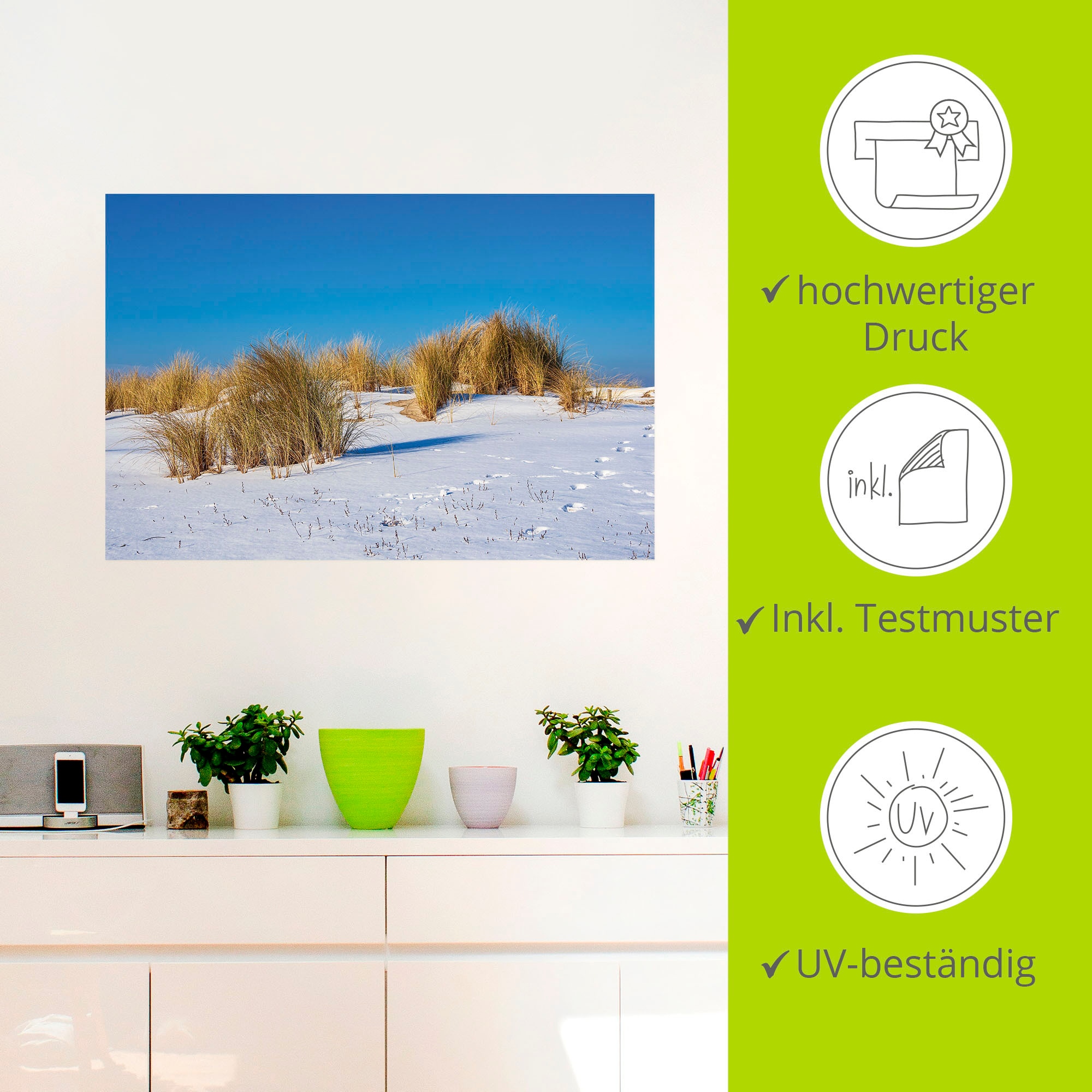 Artland Wandbild »Düne, Ostseeküste Warnemünde im Winter«, Strandbilder, (1 St.), als Alubild, Leinwandbild, Wandaufkleber oder Poster in versch. Größen