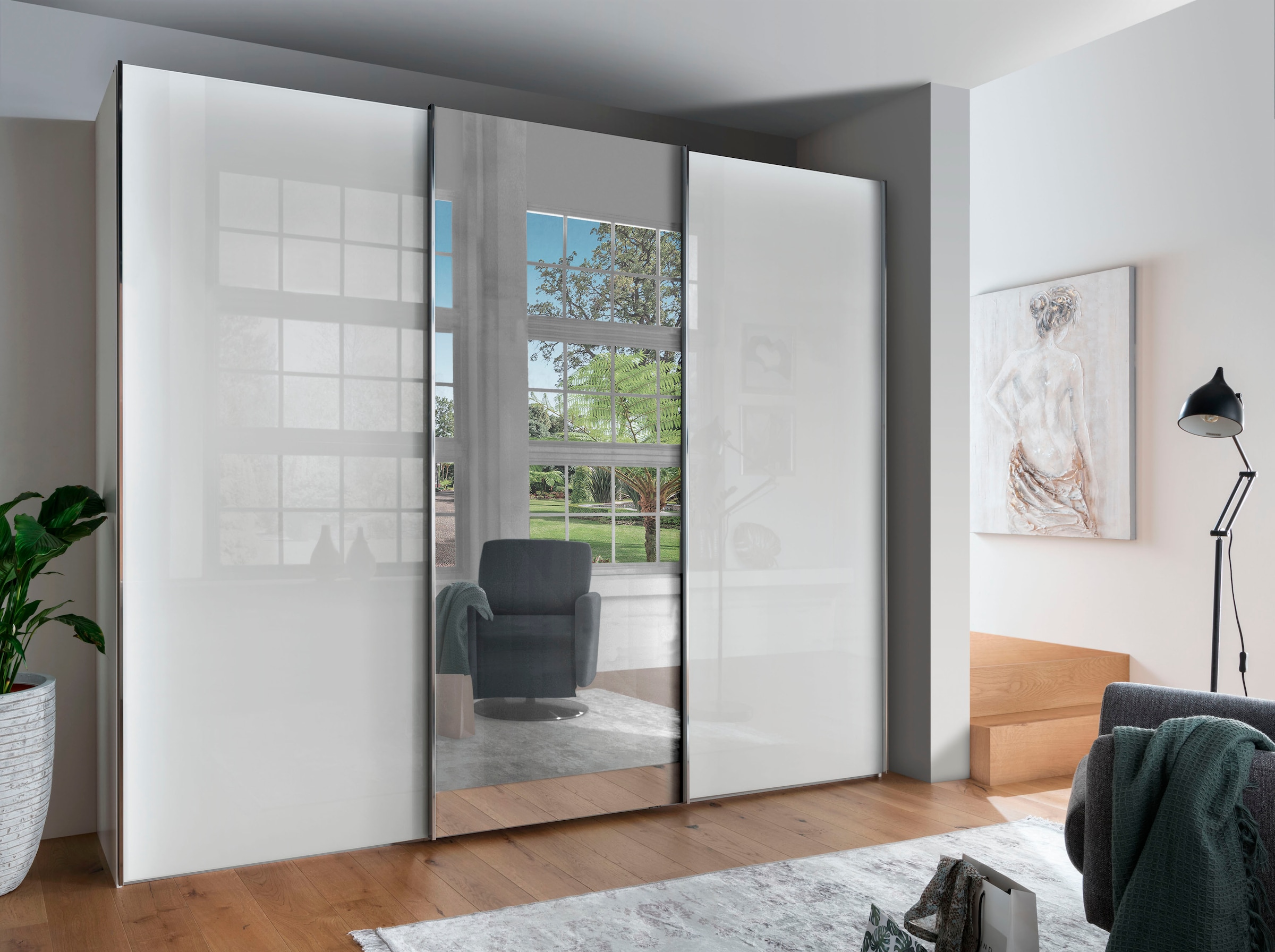 WIEMANN Schwebetürenschrank »Monaco, Kleiderschrank, Schrank, Wäscheschrank, mit Schiebetüren« 2 Breiten, 2 Höhen 216/236 cm auswählbar, MADE IN GERMANY,  hochwertige Glas- und Spiegelfront, variable Inneneinteilung