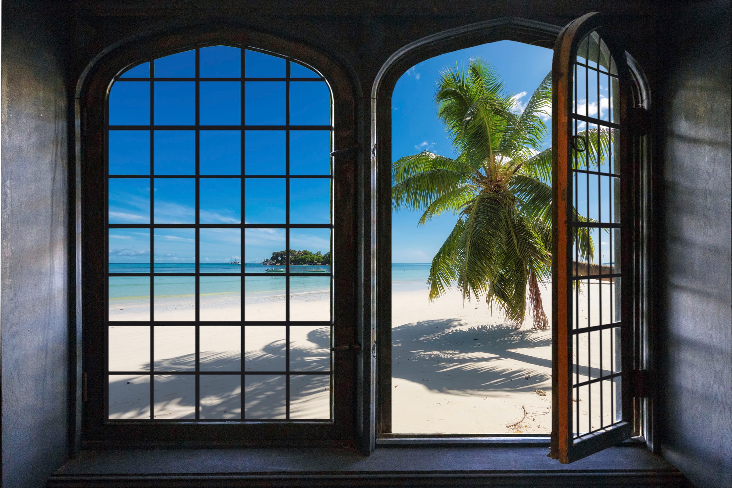 queence Wandsticker »Palmenstrand«, Wandsticker, Wandbild, selbstklebend, 3D, Fenster