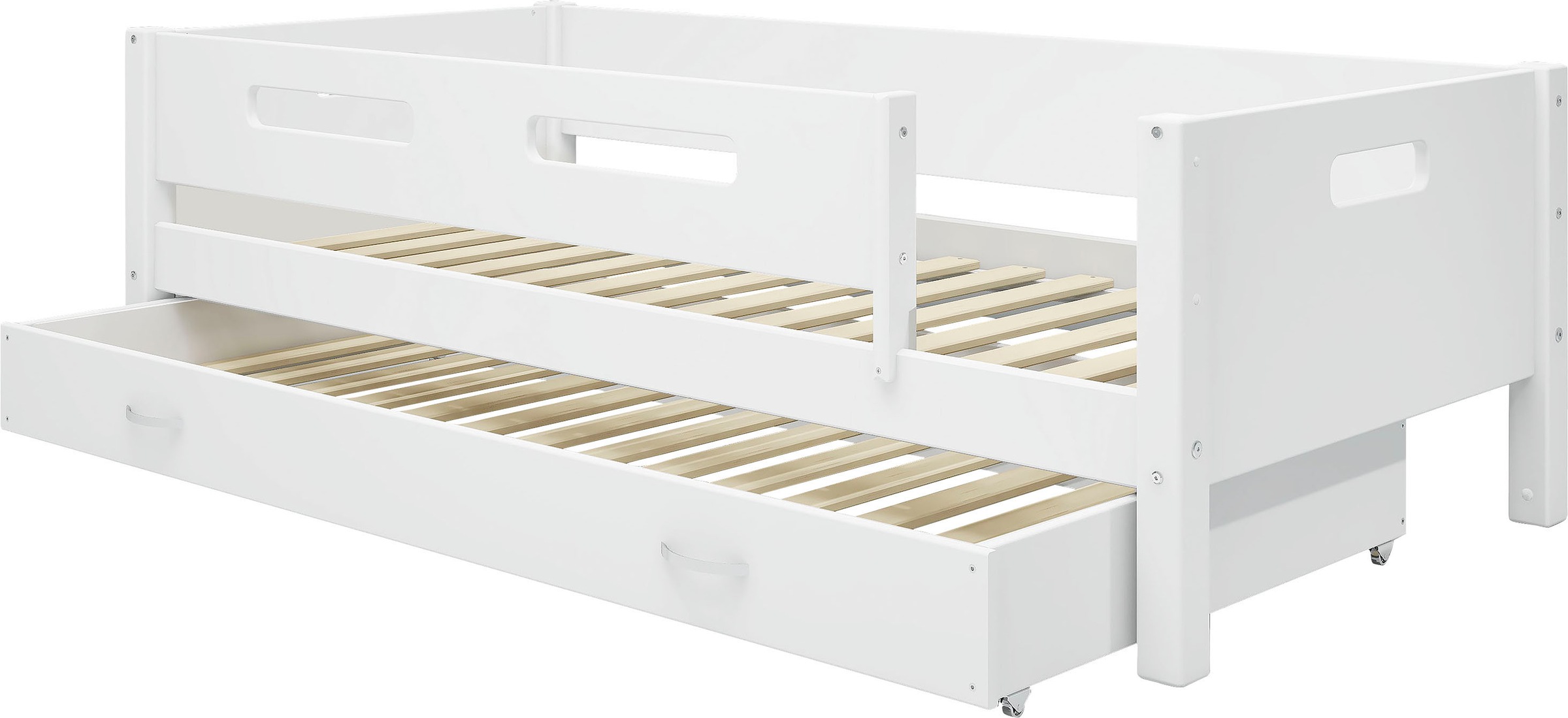Einzelbett, Nordic produziert bei Flexa, incl Rollrost, weiß + weiß + weiß Hintere Absturzsicherung in MDF-Absturzsicherung vorne in MDF