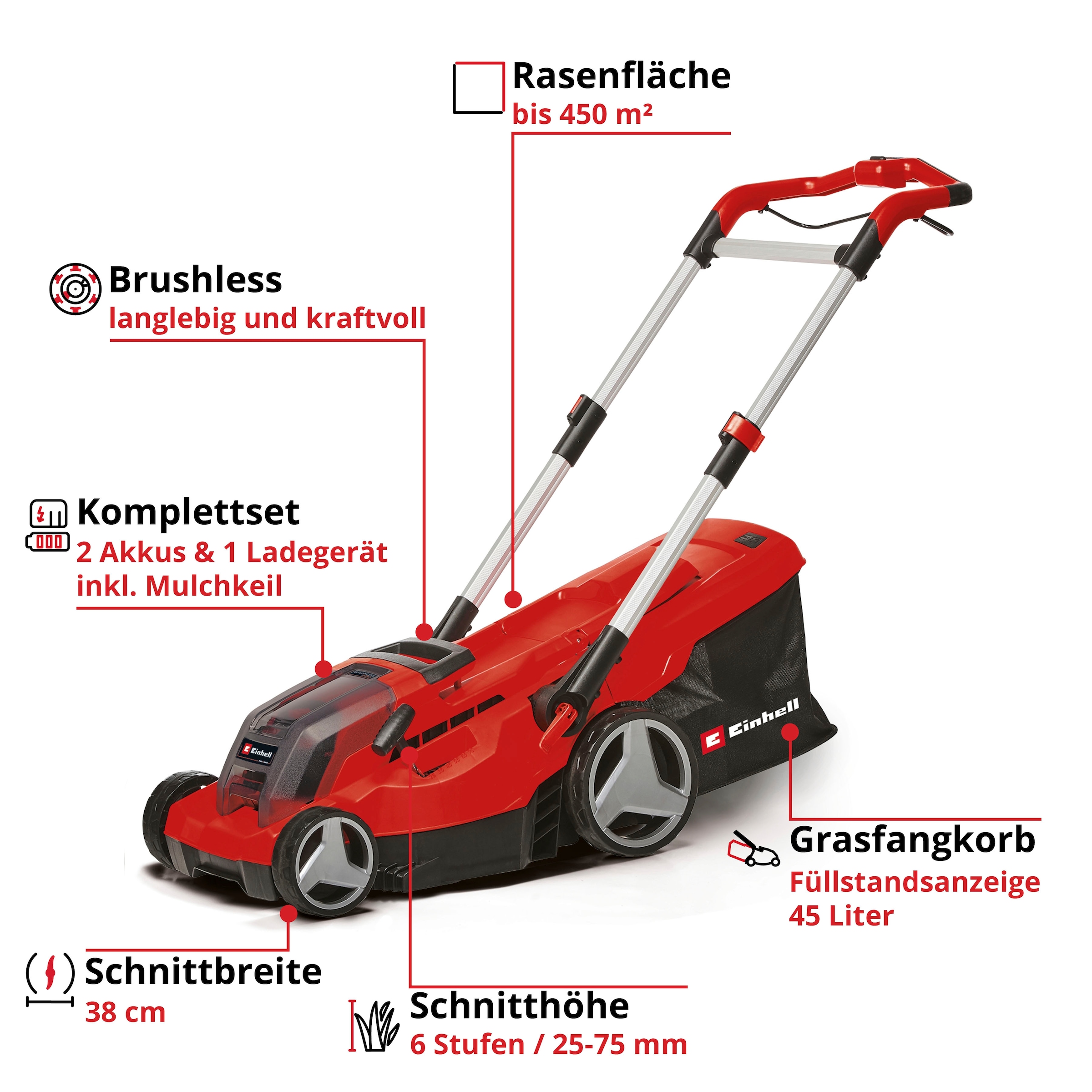 Einhell Akkurasenmäher »Professional GP-CM 36/450«, 2 x 4 Ah Akku, Twincharger und Mulchkeil