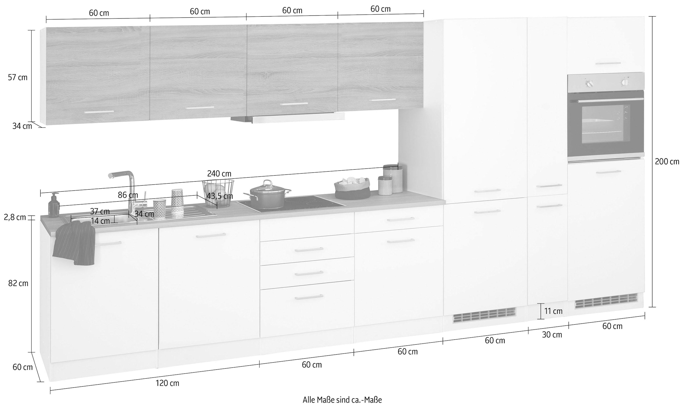 HELD MÖBEL Küchenzeile »Visby«, mit E-Geräten, Breite 390 cm inkl. Kühl/Gefrierkombination