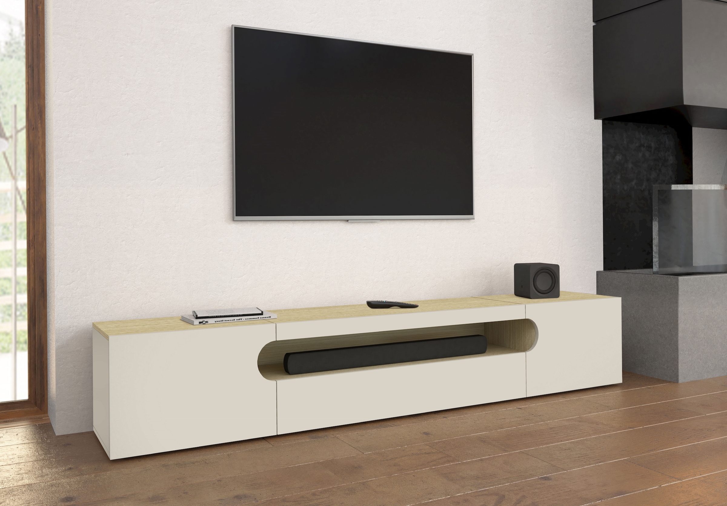 INOSIGN Lowboard »REAL TV-Möbel, 240 cm breit, 40/60 cm hoch, Hochglanz oder matt« mit 2 abgerundeten Türen, 1 Klappe, die ein ovales offenes Fach bilden