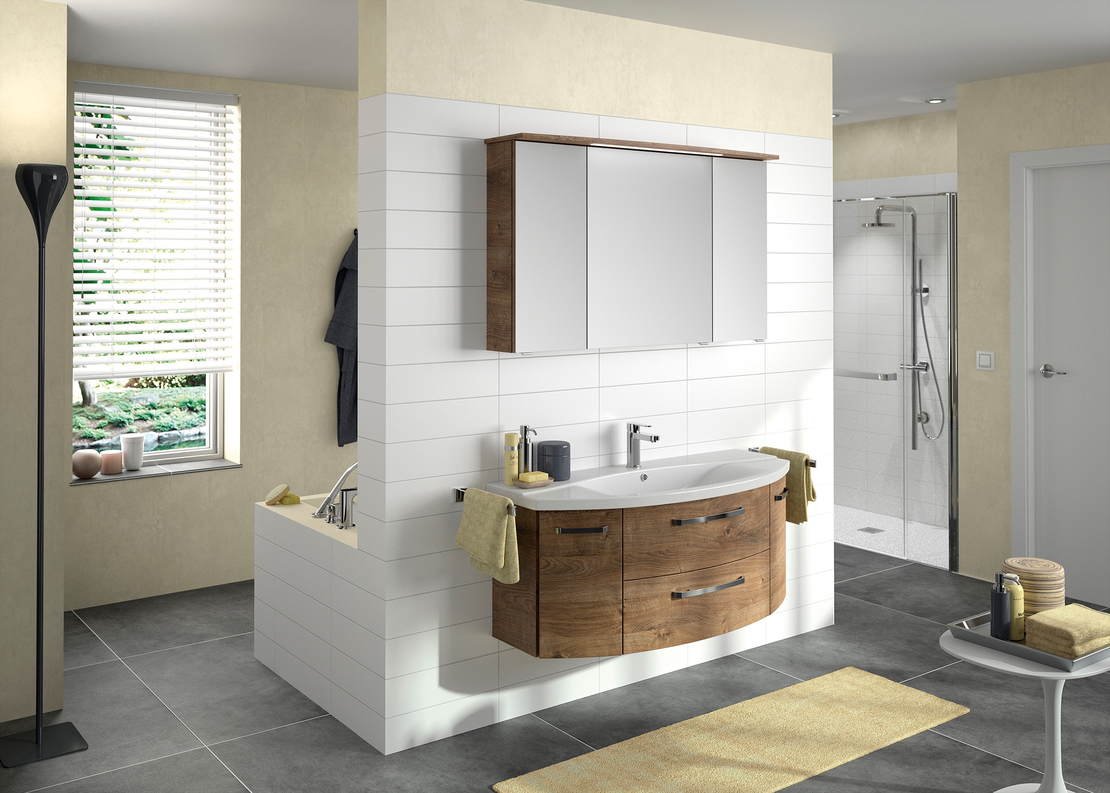 Saphir Badezimmerspiegelschrank »Serie 4010 Badezimmer-Spiegelschrank inkl. LED-Beleuchtung im Kranz«, Badschrank 122 cm breit, 3 Türen, 6 Glas-Einlegeböden, inkl Türdämpfer
