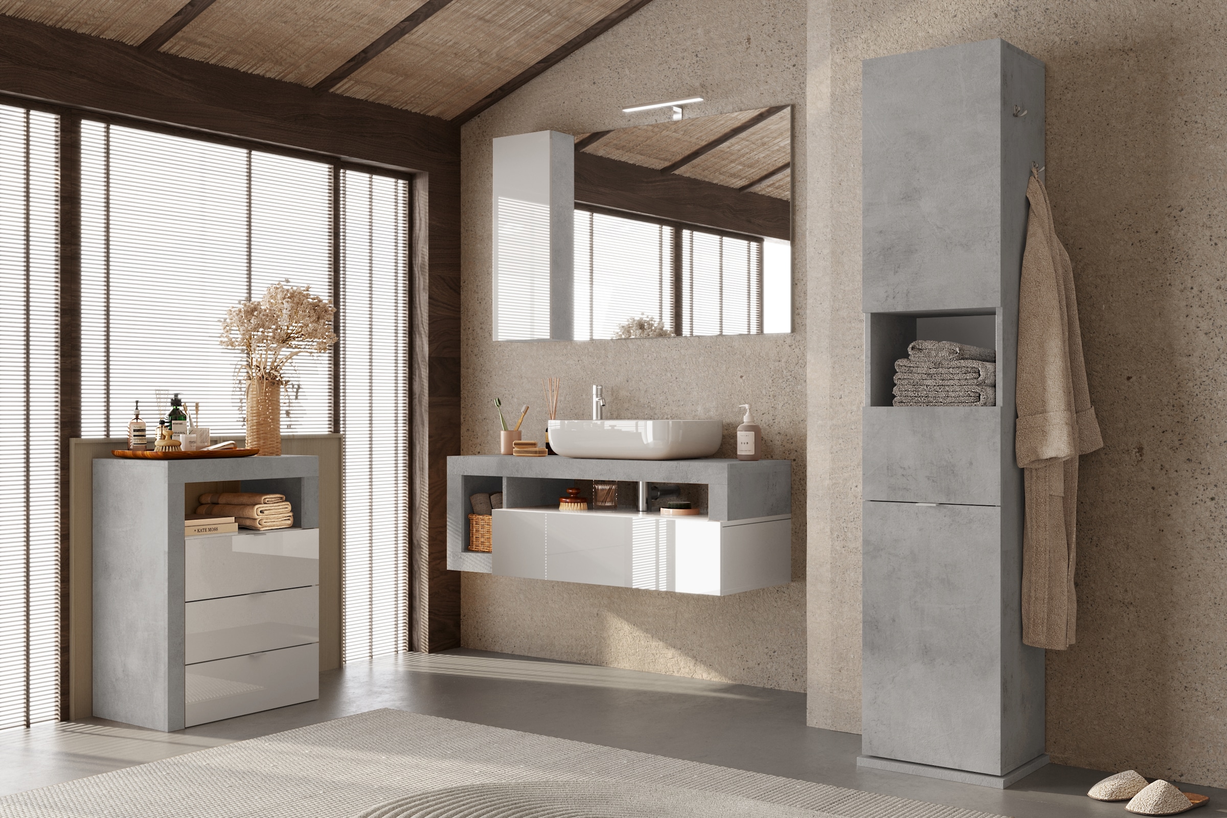 welltime Hochschrank »Hamburg Höhe 185 cm, Breite 35/37 cm, Badschrank drehbar, 2 Türen,«, 1 Schubkasten, 1 offenes Fach, mit Spiegel, Metallhaken, Metallgriff
