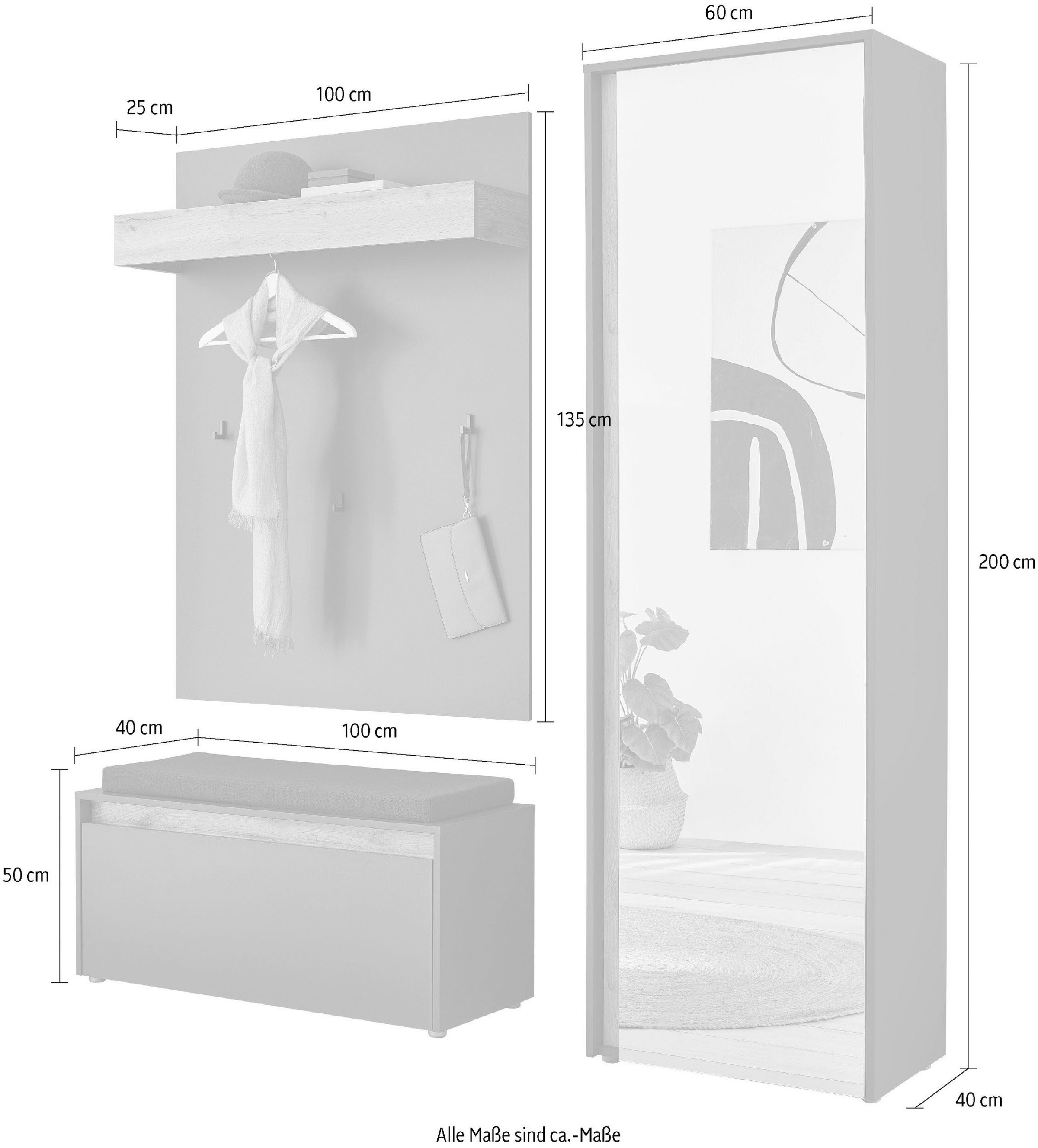 INOSIGN Garderoben-Set »GIRON/ CiTY, Garderobe in Wotan Eiche, moderner Garderobenschrank«, (Komplett-Set, 3 St.), enthält Garderobenschrank, Paneel, Schuhbank inkl. Sitzkissen