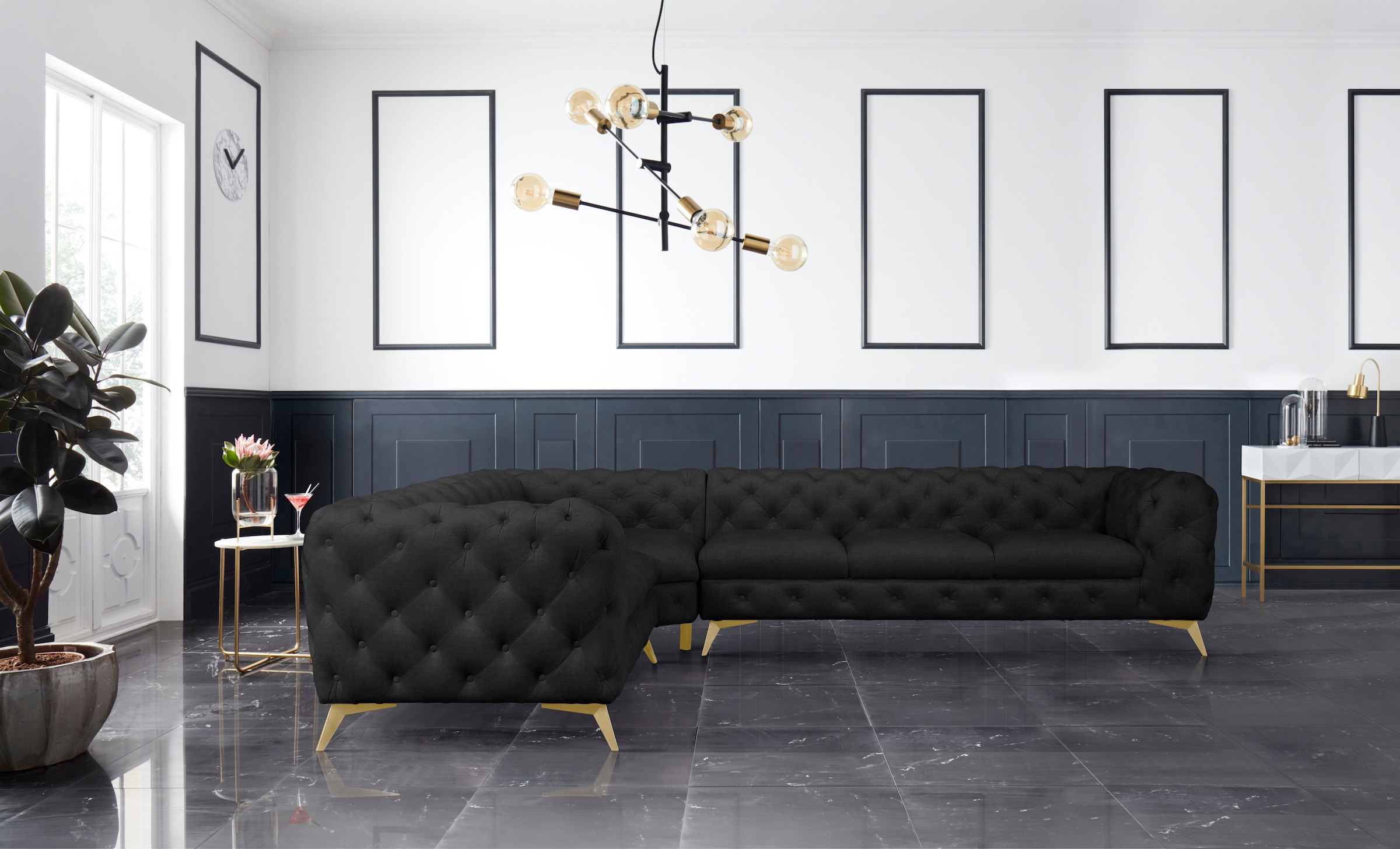 Leonique Chesterfield-Sofa »Ecksofa GLYNIS L-Form mit Wellenunterfederung, Maße B/T/H 323/264/75cm«, aufwändige Knopfheftung, moderne Chesterfield Optik, Fußfarbe wählbar