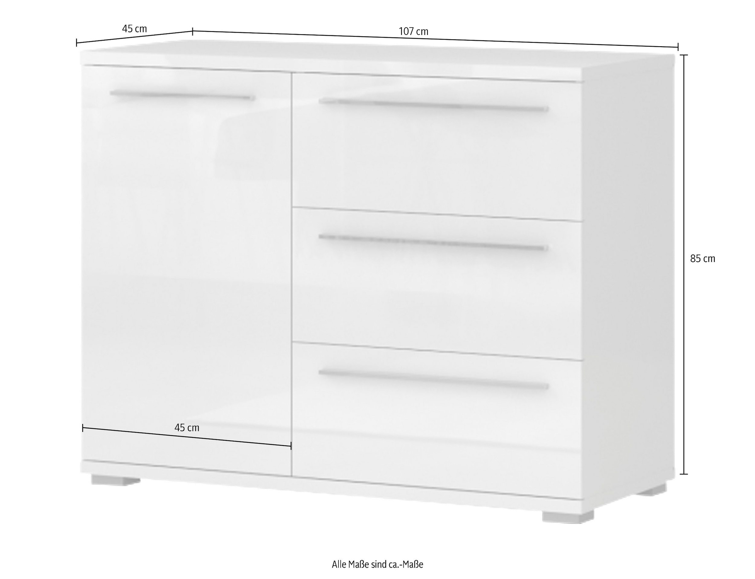 Places of Style Kommode »Piano, UV lackiert, hochglänzend in beige oder weiß, FSC-zertifiziert«, (107x45x85cm (B/T/H), 1-türig mit 3 Schubladen, Soft-Close Funktion