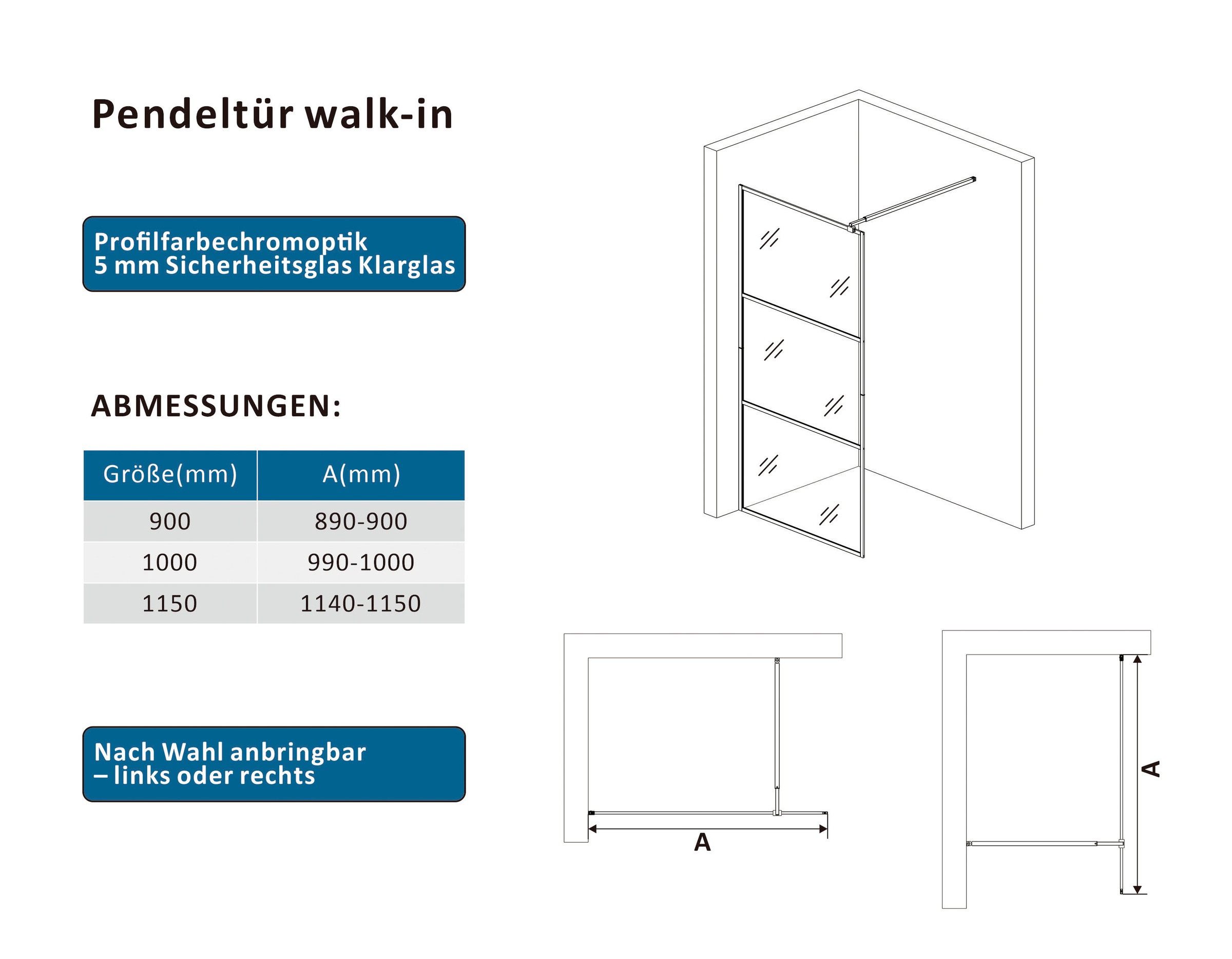 welltime Walk-in-Dusche Dreigeteilte Scheibe in trendigem Blockdesign