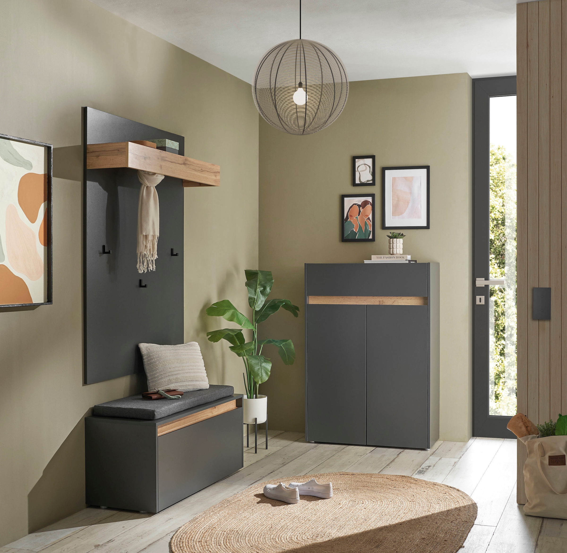 INOSIGN Garderoben-Set »City/Giron, moderne Garderobe, viel Stauraum, ca. 24 Schuhe«, (Set, 3 St.), enthält Schuhschrank, Garderobenpaneel & Garderobenbank mit Sitzkissen