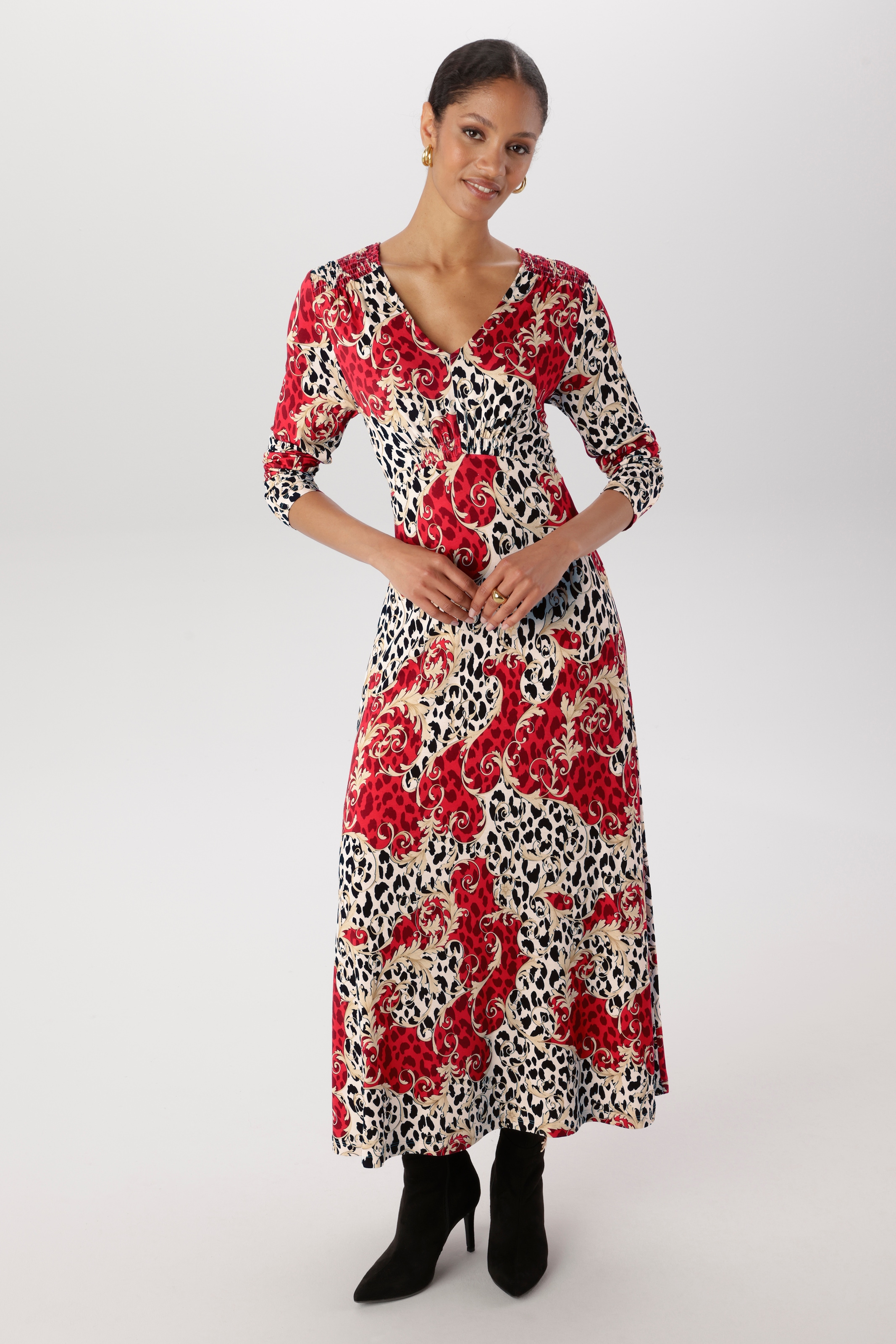 Aniston SELECTED Midikleid mit Smok-Details und fantasievollem Leo-Print - NEUE KOLLEKTION