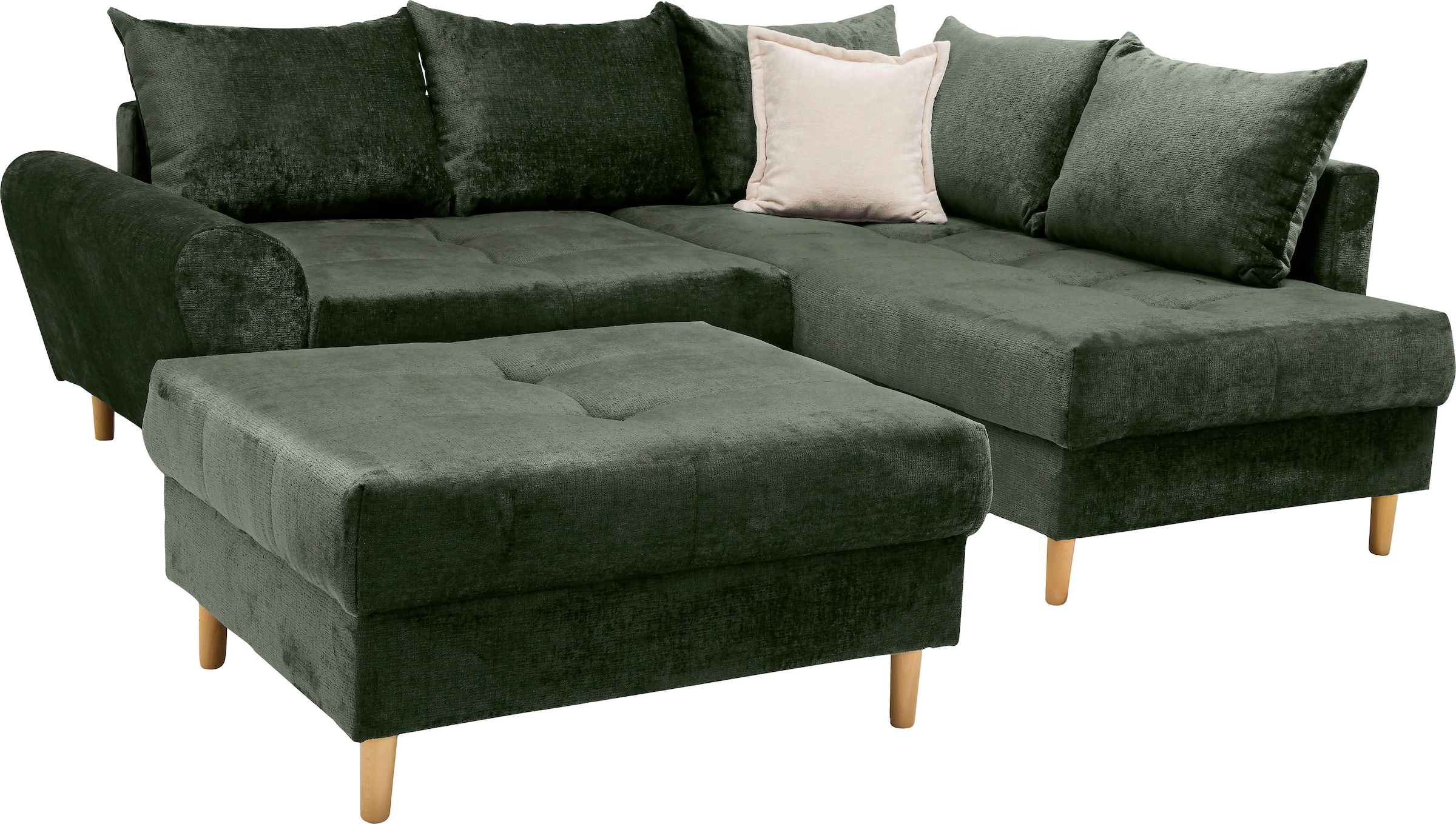 COLLECTION AB Ecksofa »Reims L-Form«, Ottomane beidseitig montierbar, inkl. Bettfunktion und Hocker