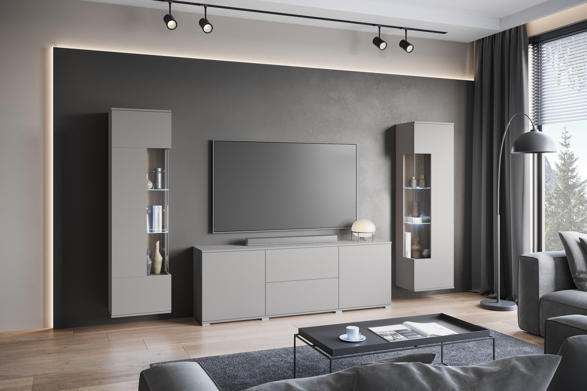 INOSIGN Wohnwand »KENIA«, (Komplett-Set, 3 St.), Vitrinen mit Eckverglasung, hängend und stehend montierbar