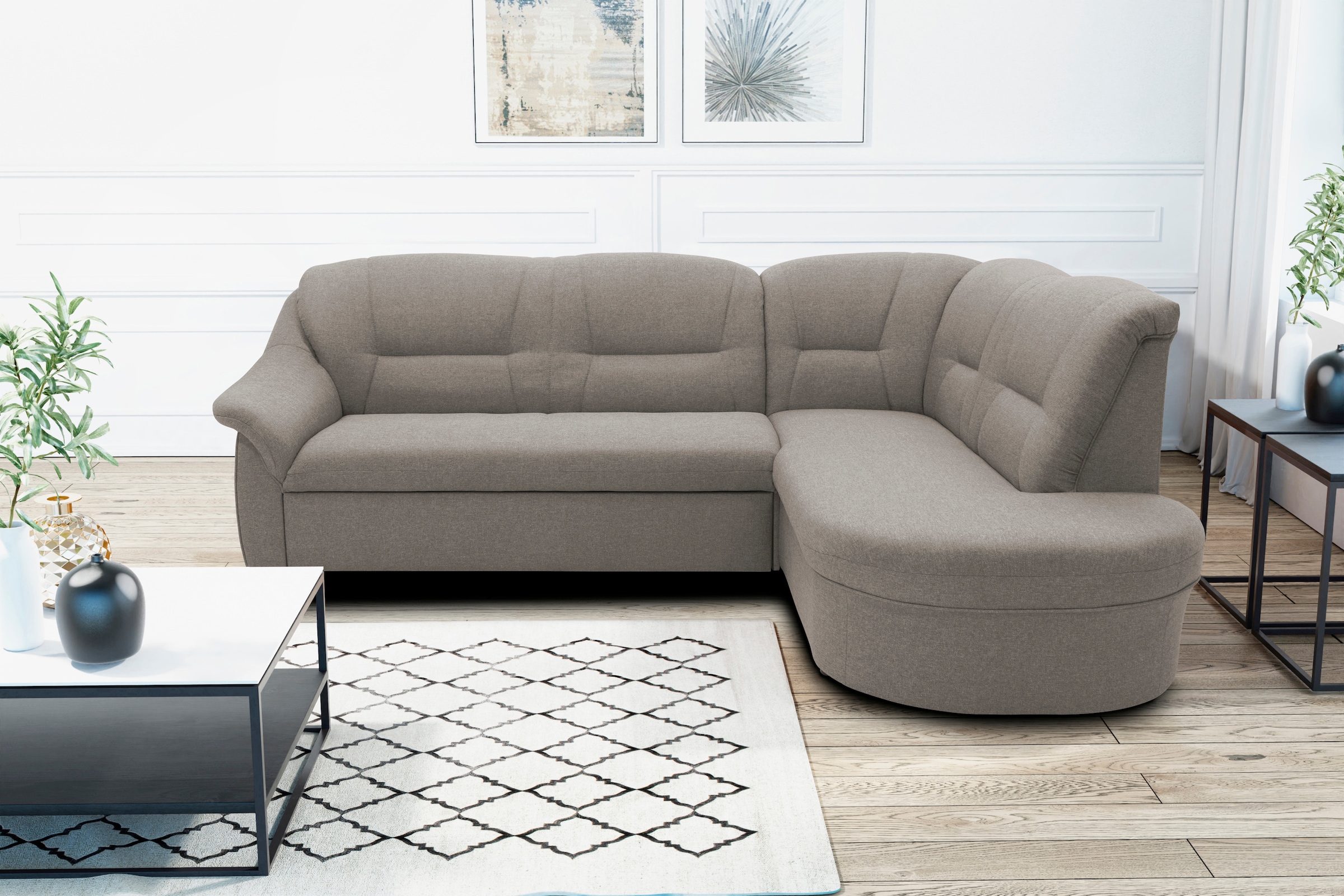 DOMO collection Ecksofa »Faenza für kleine Räume, Stellmaße 232,176cm, komfortabel, L-Form«, mit Ottomane, zeitlos, elegante Armlehnen, wahlweise mit Bettfunktion
