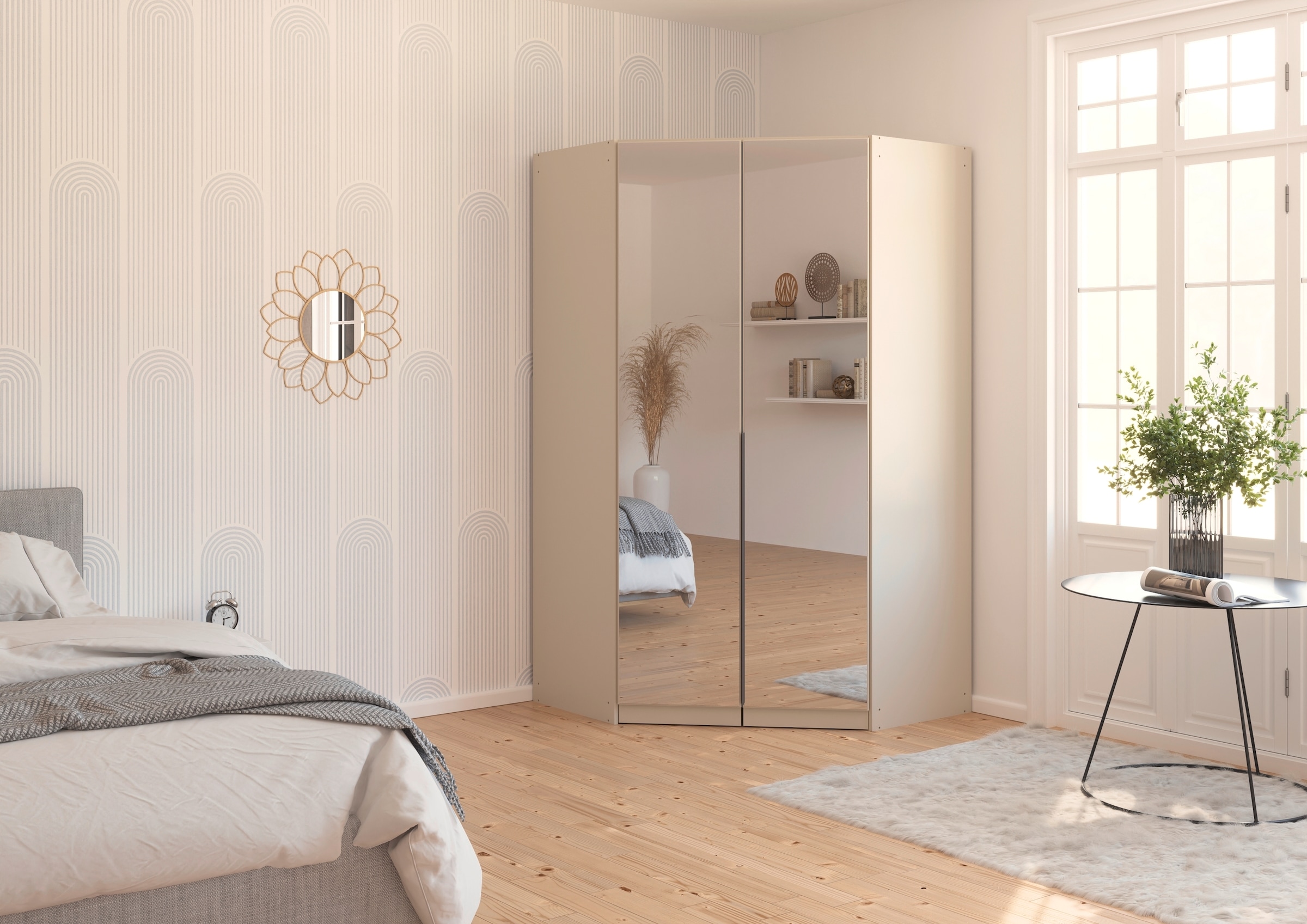 rauch Eckkleiderschrank »Kleiderschrank Schrank Ankleidezimmer Schlafzimmer Garderobe AGORDO«, (in zwei Griff-Farben), mit Spiegeltüren, voll ausgestattet mit viel Stauraum MADE IN GERMANY