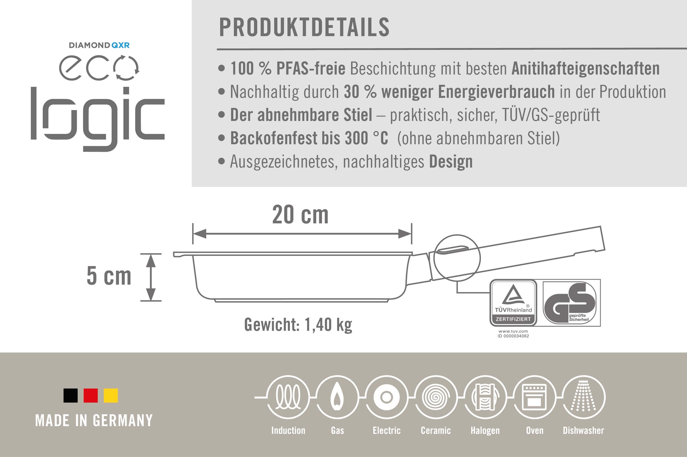 WOLL Bratpfanne »Eco Logic QXR Guss-Flachpfanne«, Aluminiumguss, (1 tlg.), PFAS-freie Diamond-QXR - Beschichtung