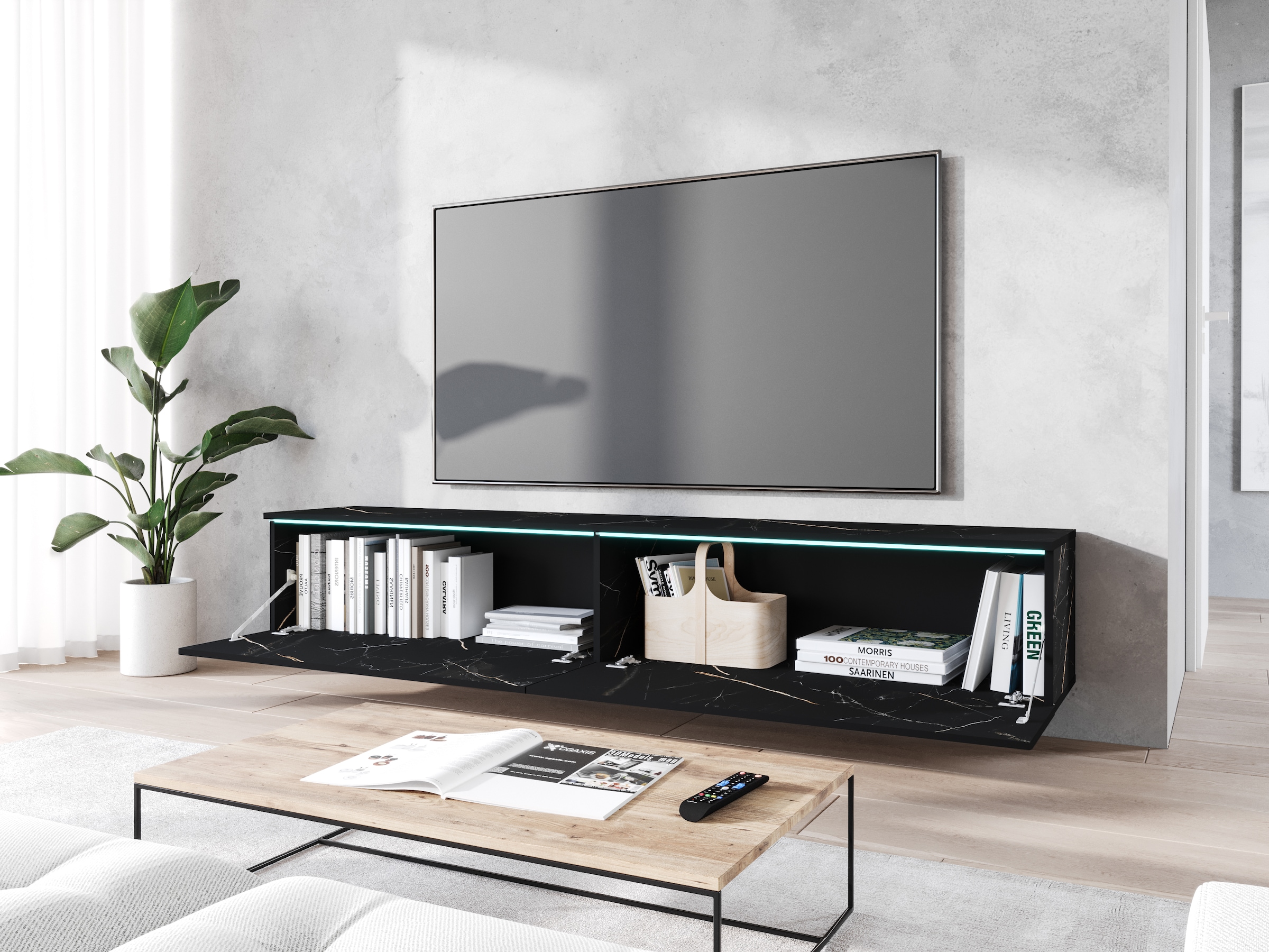 INOSIGN Lowboard »LOWBOARD VERA, wahlweise mit oder ohne Beleuchtung«, Modernes griffloses TV-Board, 180 cm TV-Schrank, stehend und hängend
