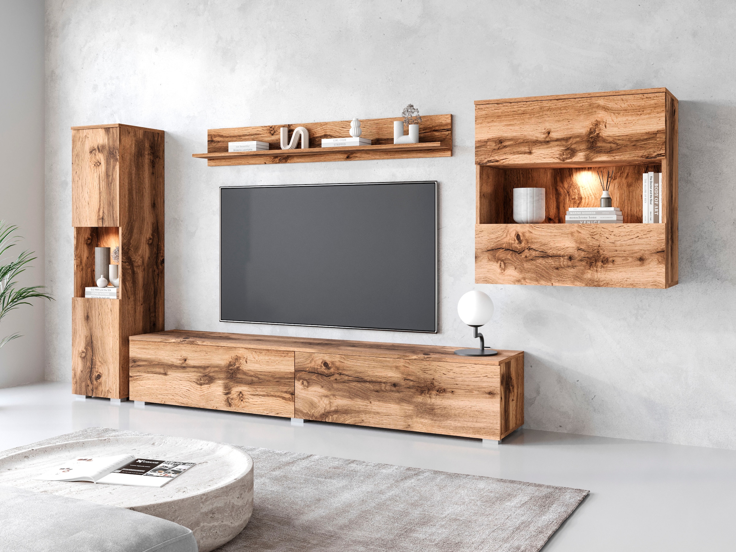 INOSIGN Wohnwand »PARIS, Vitrine Türanschlag links/rechts wechselbar«, (Komplett-Set, 4 St.), grifflose Design, stehend und hängend montierbar