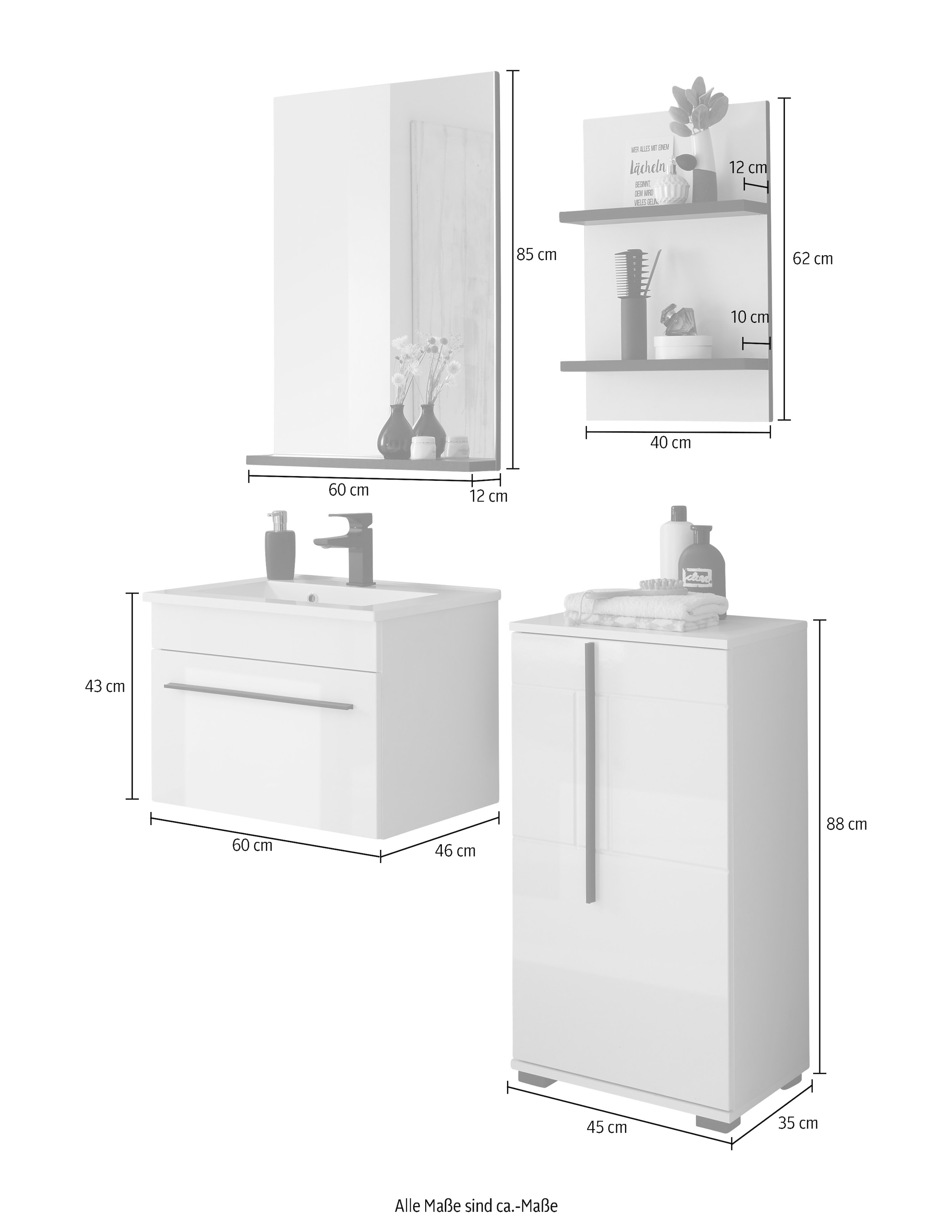 INOSIGN Badmöbel-Set »Cantara, Bad im modernen Design, 4-teiliges Badezimmer«, (Set, 4 St.), Waschtisch, Schrank, Hängeregal und Spiegel, in Weiß Hochglanz