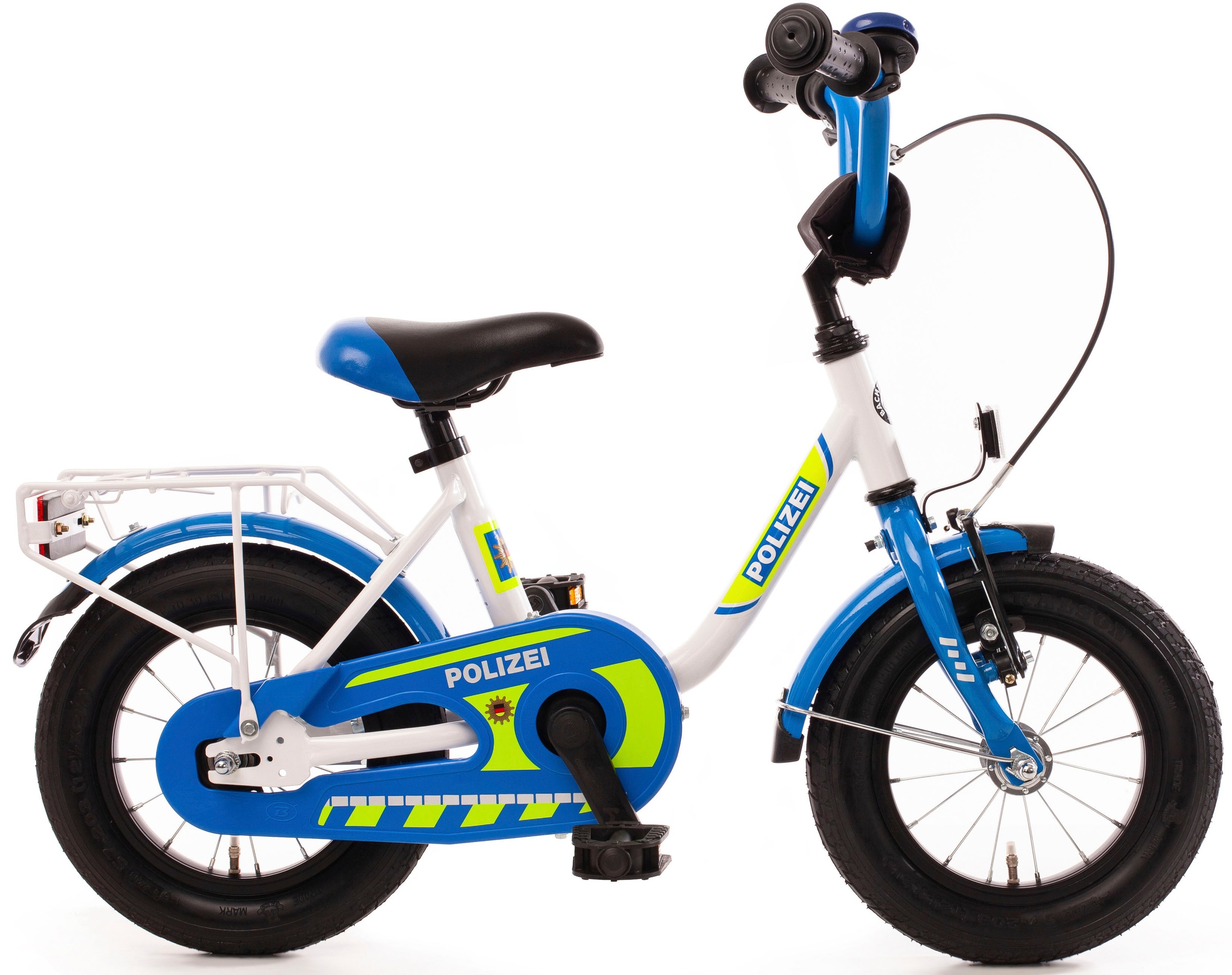 Kinderfahrrad „12“ Kinderfahrrad „POLIZEI“ kristall-weiß/blau/neon“, 1 Gang, ohne Schaltung weiß/blau 12 Zoll (30,48 cm) 23 cm – 12 Zoll (30,48 cm)