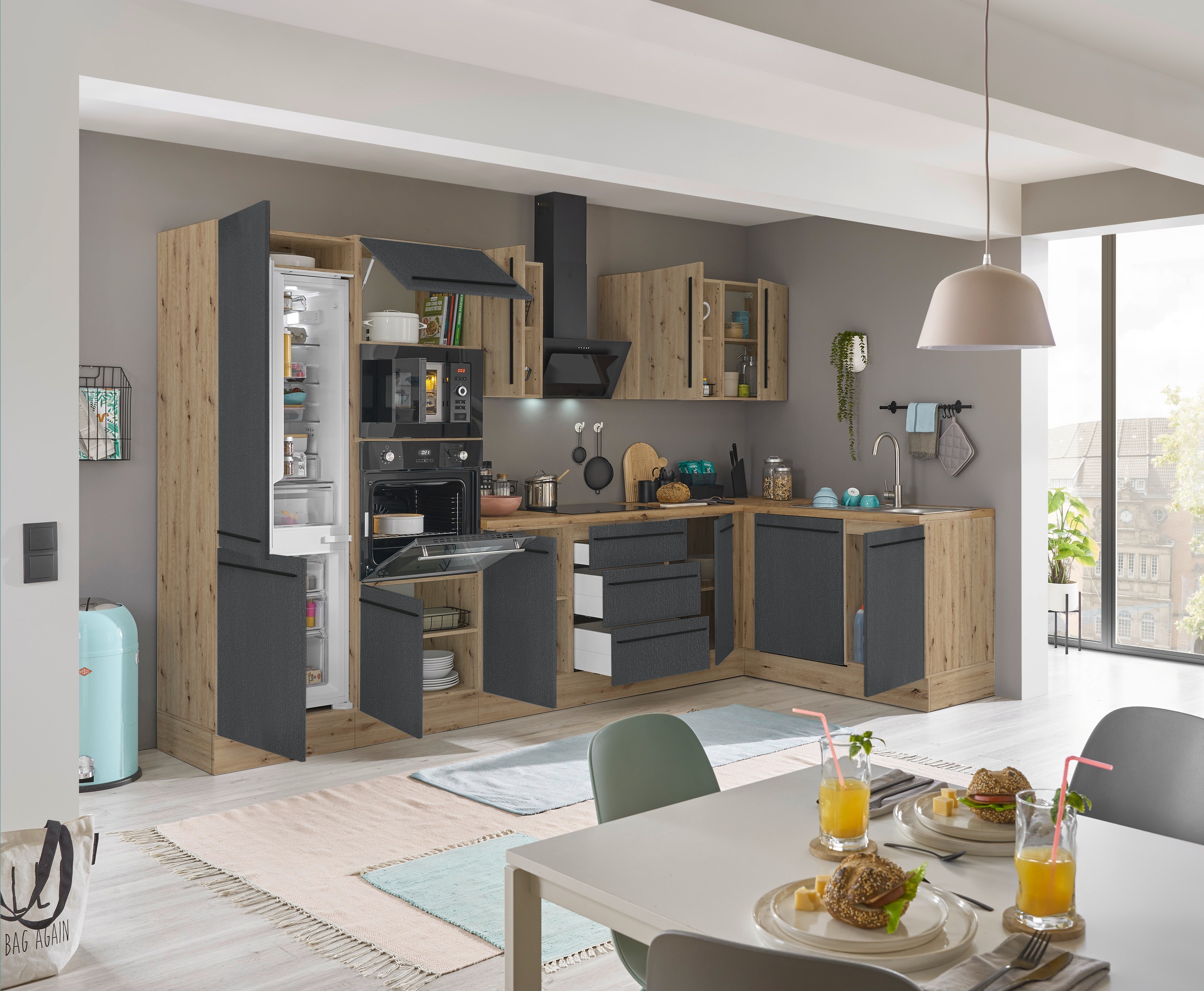 KOCHSTATION Winkelküche »Florida, Stellbreite 340x175 cm«, wahlweise mit E-Geräten, mit Softclose für Türen und Schubkästen