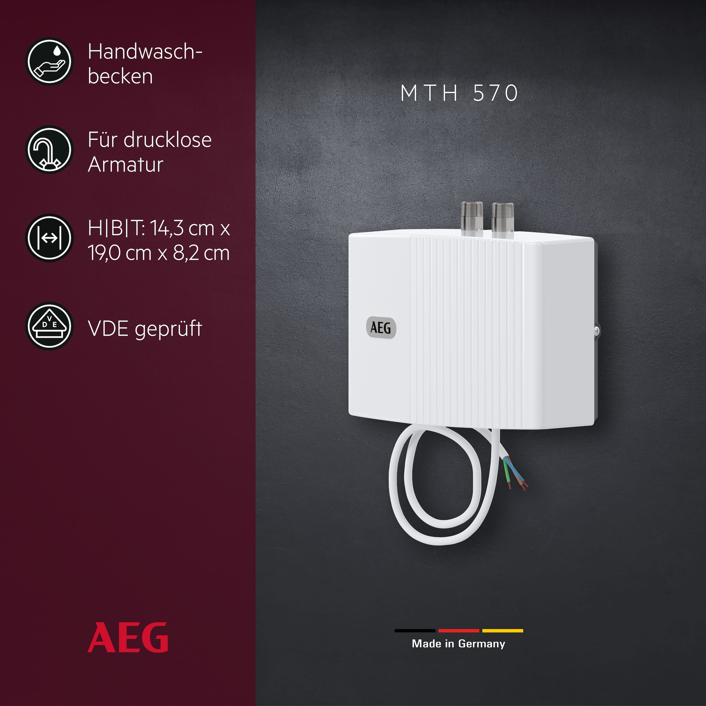 AEG Haustechnik Klein-Durchlauferhitzer »MTH 570 f. Handwaschbecken, 5,7 kW, o. Stecker« Festanschluss 230V, hydraulisch, drucklos