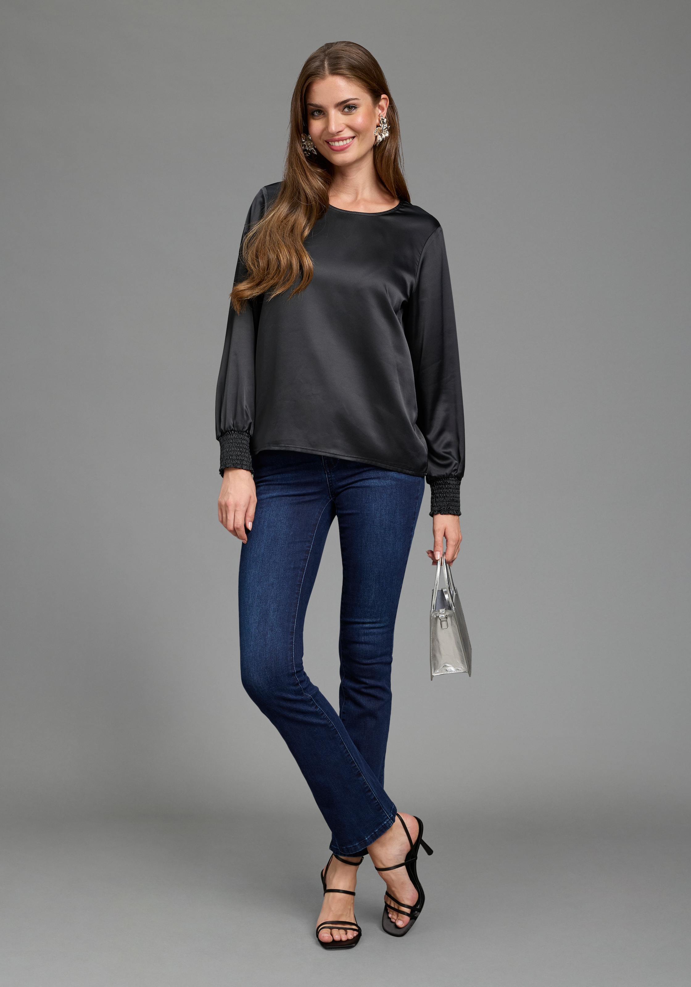 Laura Scott Schlupfbluse Festliche Satin-Bluse, Elastikbündchen am Ärmel, glänzender Stoff