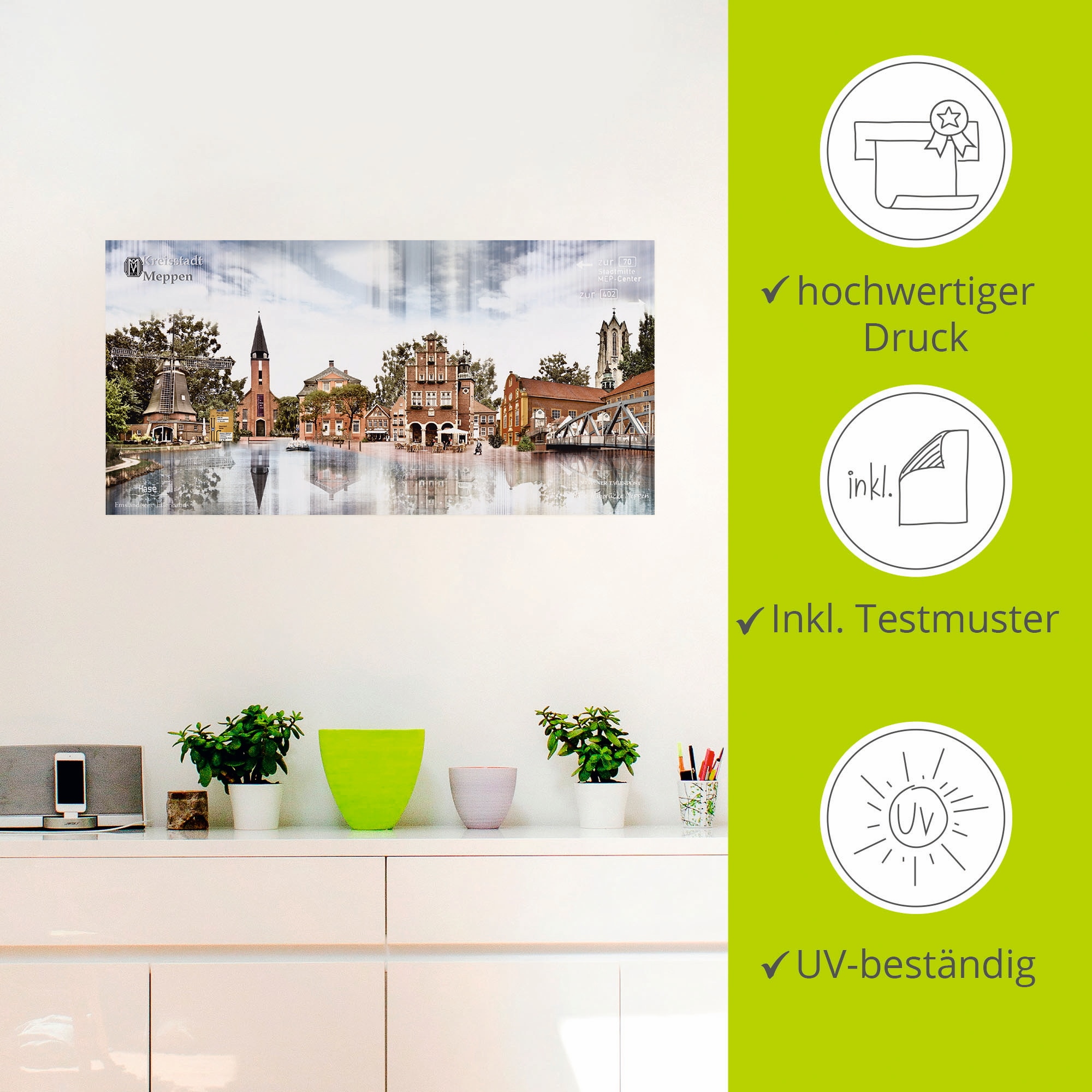 Artland Wandbild »Meppen Skyline Abstrakte Collage«, Deutschland, (1 St.), als Leinwandbild, Wandaufkleber in verschied. Größen