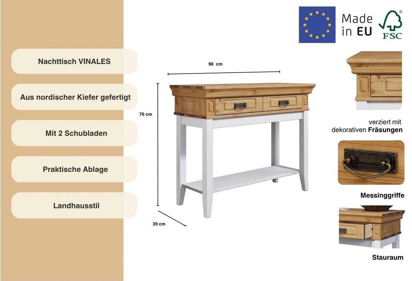 Home affaire Nachttisch »Vinales; Konsolentisch, Beistelltisch ideal für Boxspringbetten«, Aus massiver Kiefer, mit Fräsungen