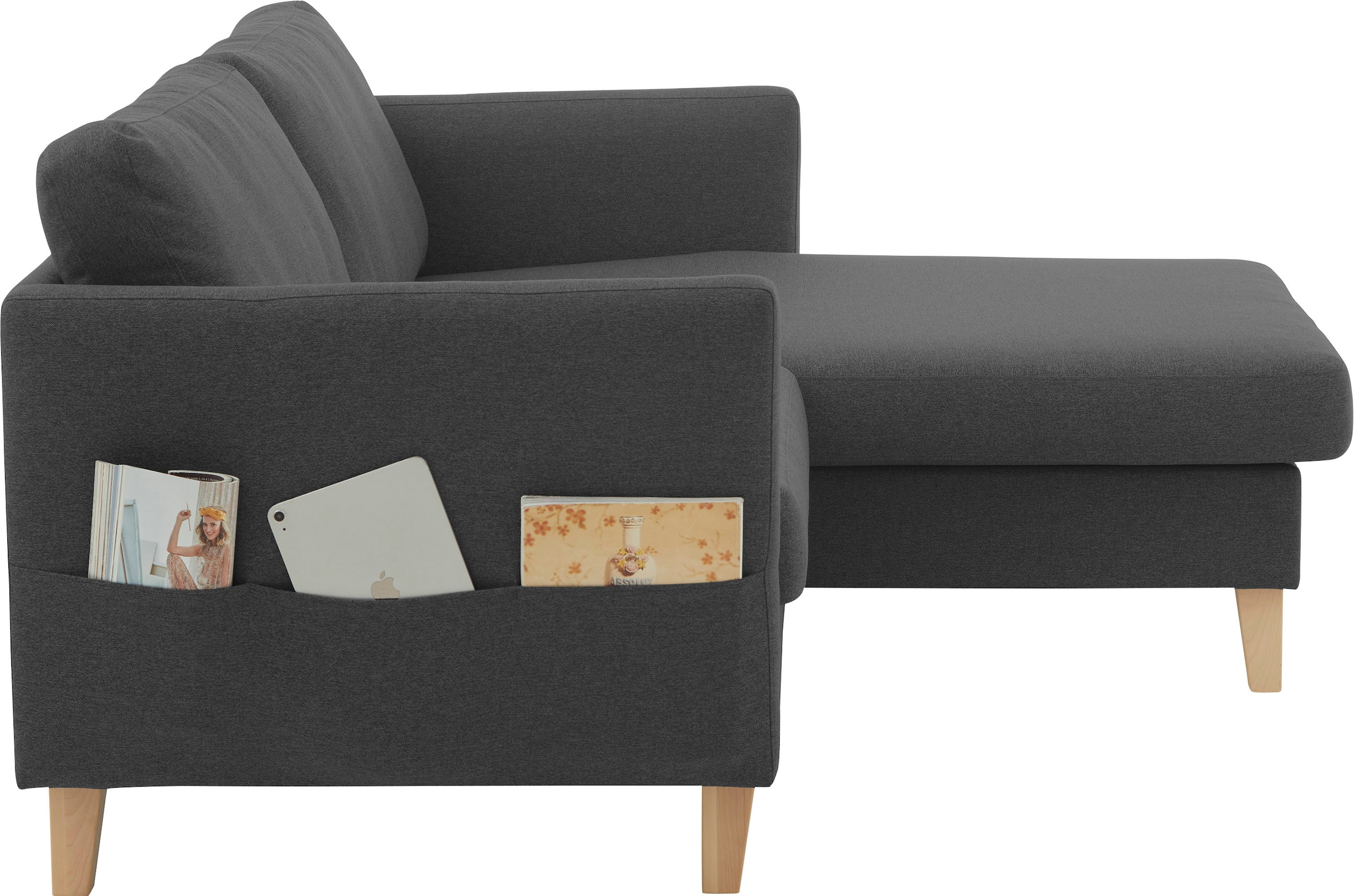 ATLANTIC home collection Ecksofa »Mailo L-Form«, mit Seitentaschen, Recamiere beidseitig montierbar, Massivholzfüße