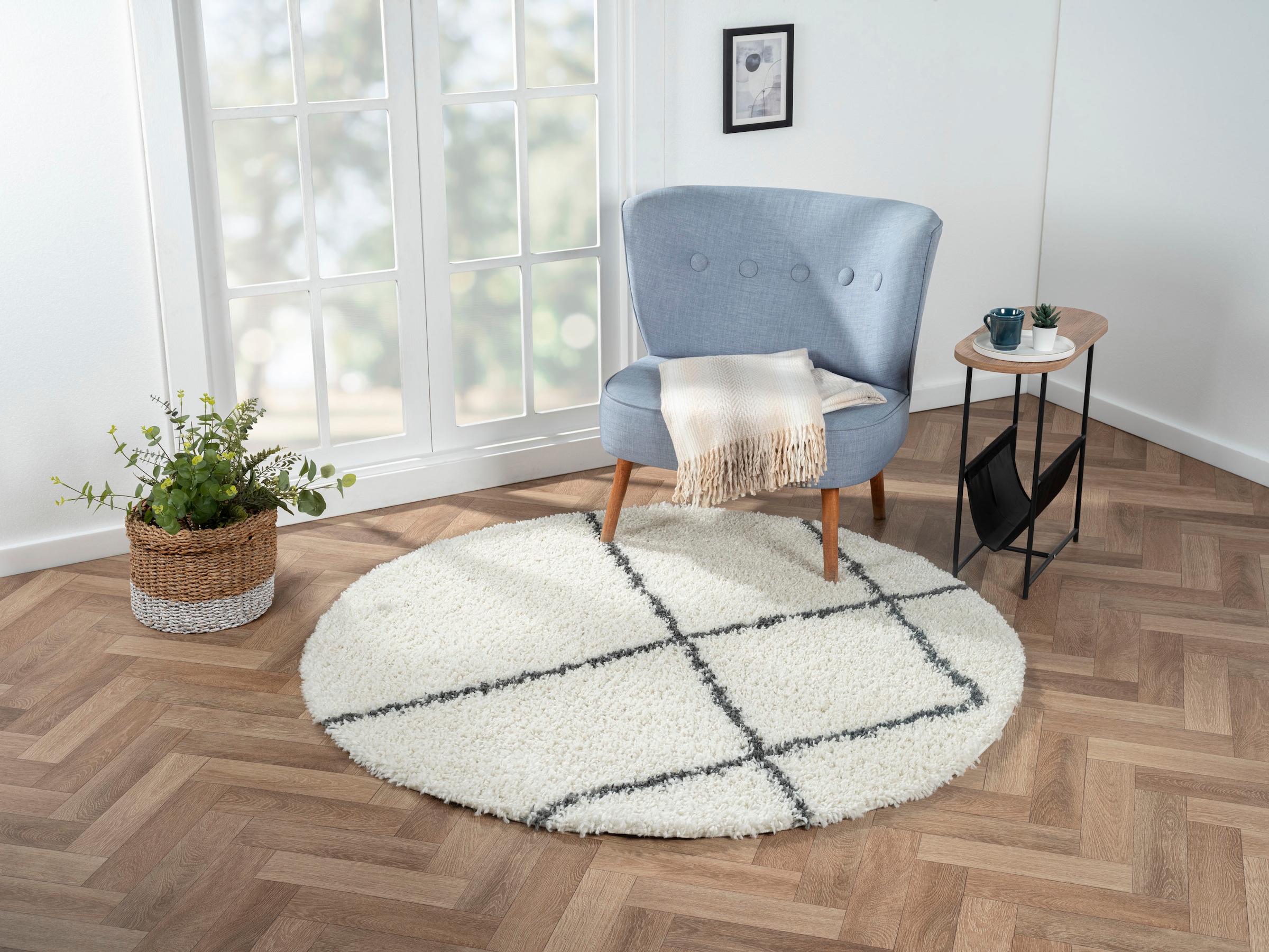 Myflair Möbel & Accessoires Hochflor-Teppich »My Shaggy Raute«, rund, 37 mm Höhe, Shaggy, Scandi Rauten Design, leicht glänzend, extra flauschig