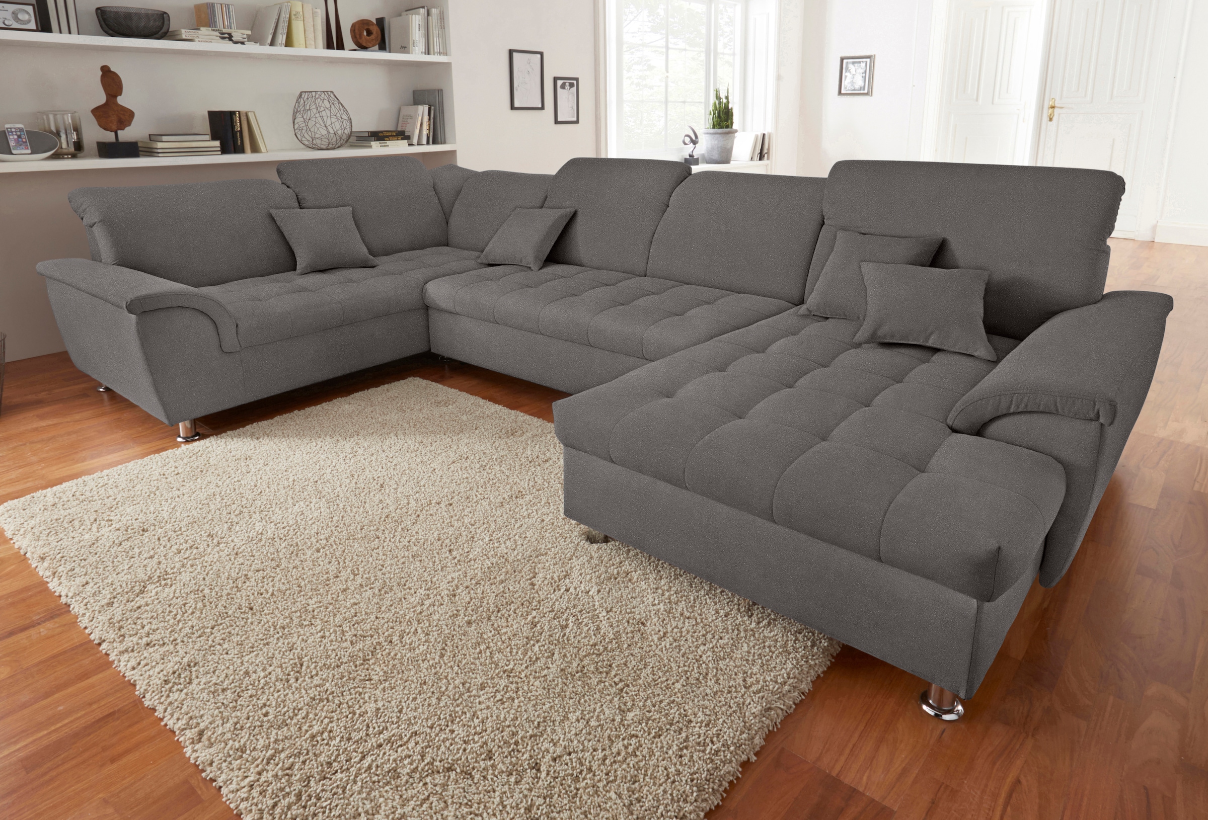 DOMO collection Wohnlandschaft »Franzi XXL-Format B/T: 352/214 cm, belastbar bis 140kg/ Sitz, U-Form«, Flachgewebe, grau