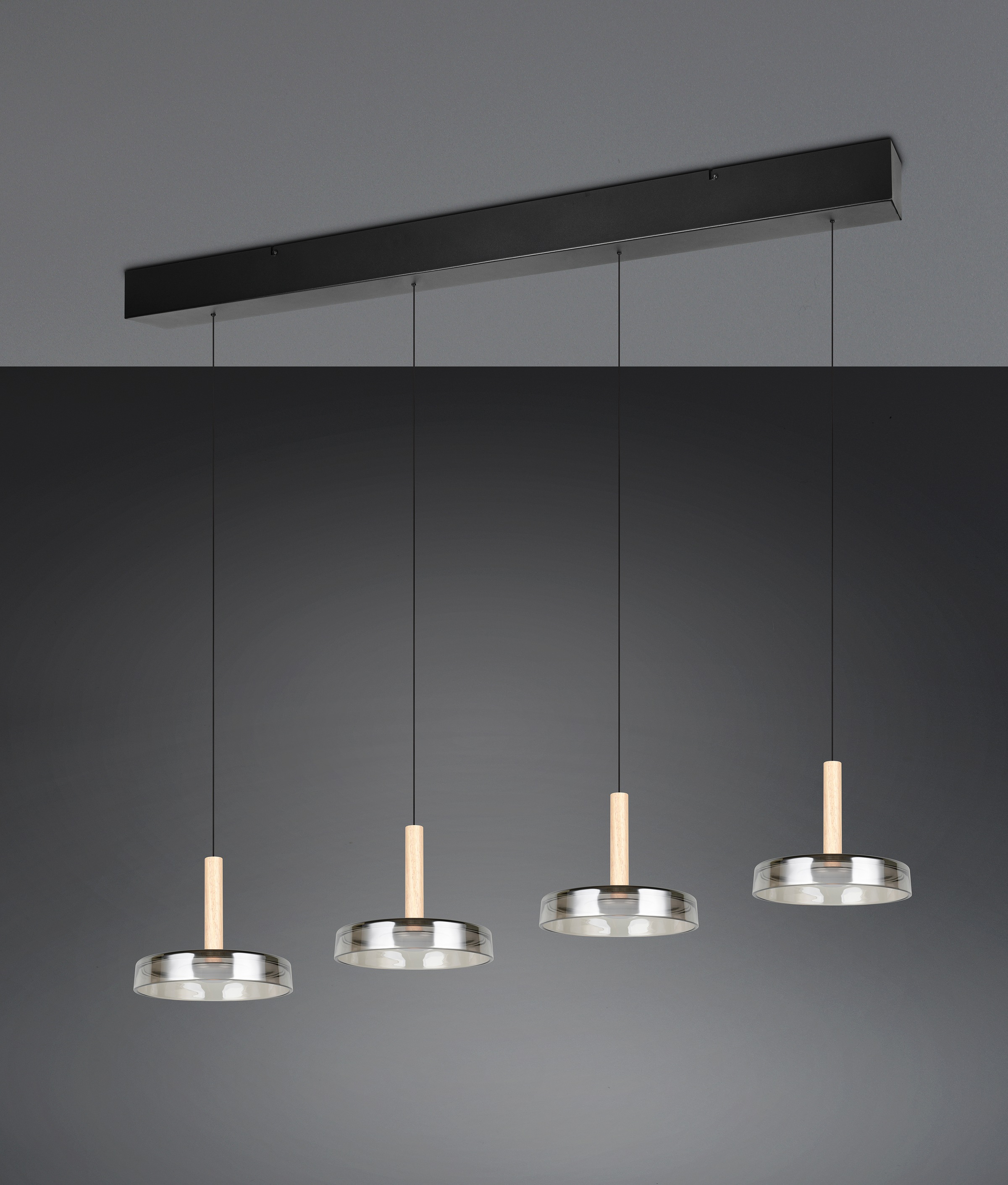 TRIO Leuchten LED Pendelleuchte »CELESTE dimmbare LED Hängelampe aus Metall Glas & Holz, 7,5W 750 Lumen«, 4 flammig, Leuchtmittel LED-Board | LED fest integriert, 4-flammig einfach höhenverstellbar von 50-200 cm 3-Stufen Dimmfunktion