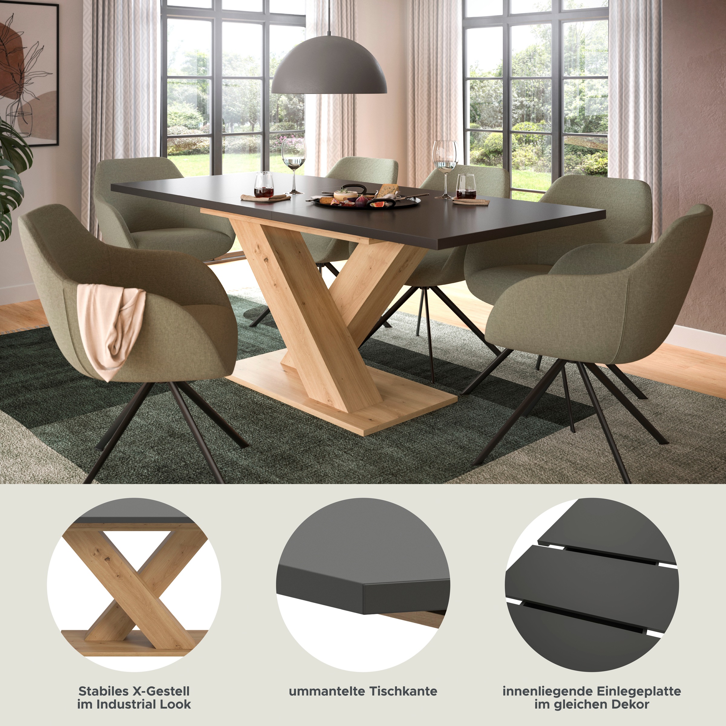 INOSIGN Esstisch »Motus, ausziehbar 150 -190 cm, inklusive 40 cm Einlegeplatte«, (Set, 1 St.), X-Gestell mit Bodenplatte, Tisch, Küchentisch, Esszimmer, Küche