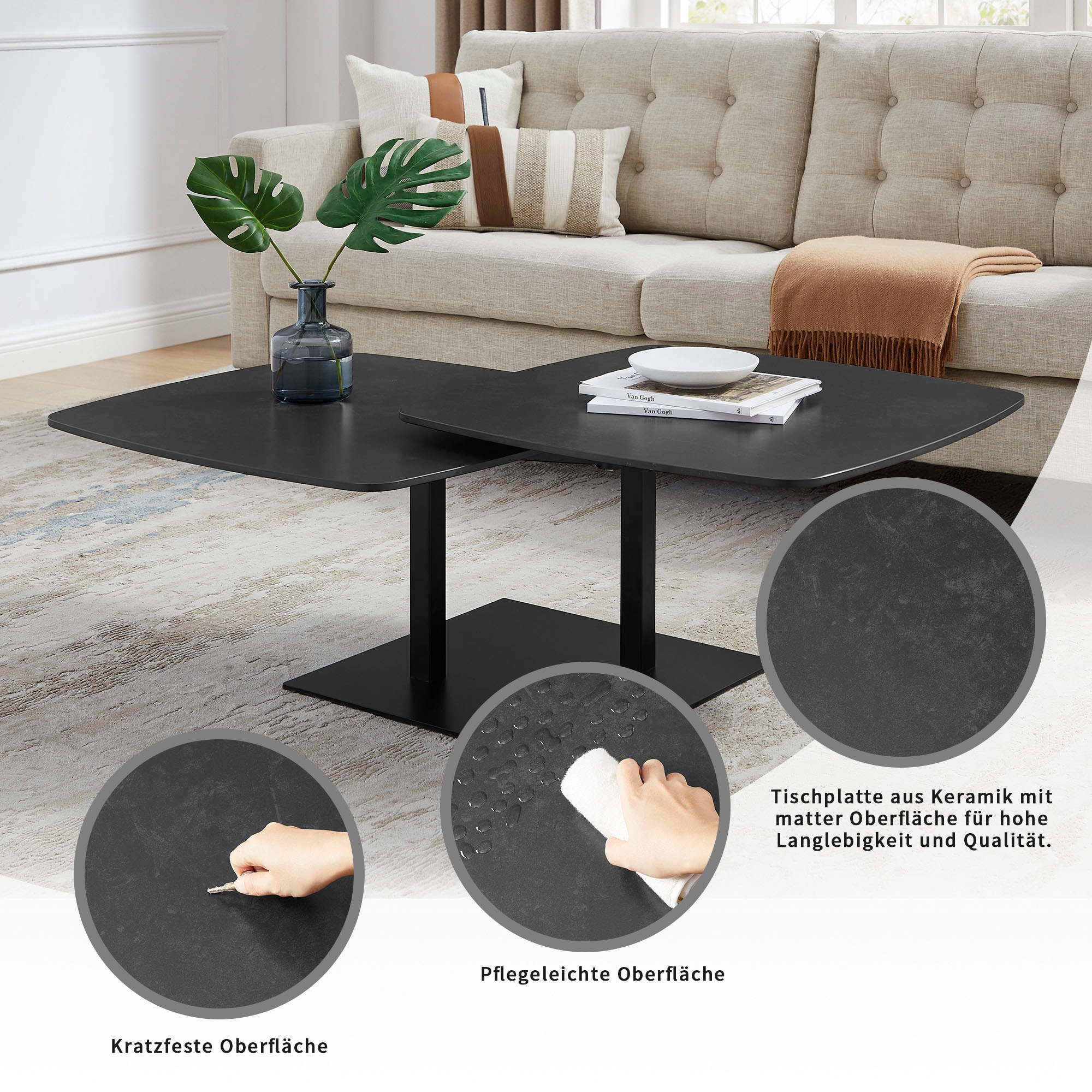 OTTO home Couchtisch »Orsini« mit verschiebbarer Tischplatte in Steinoptik, robustem Metallgestell