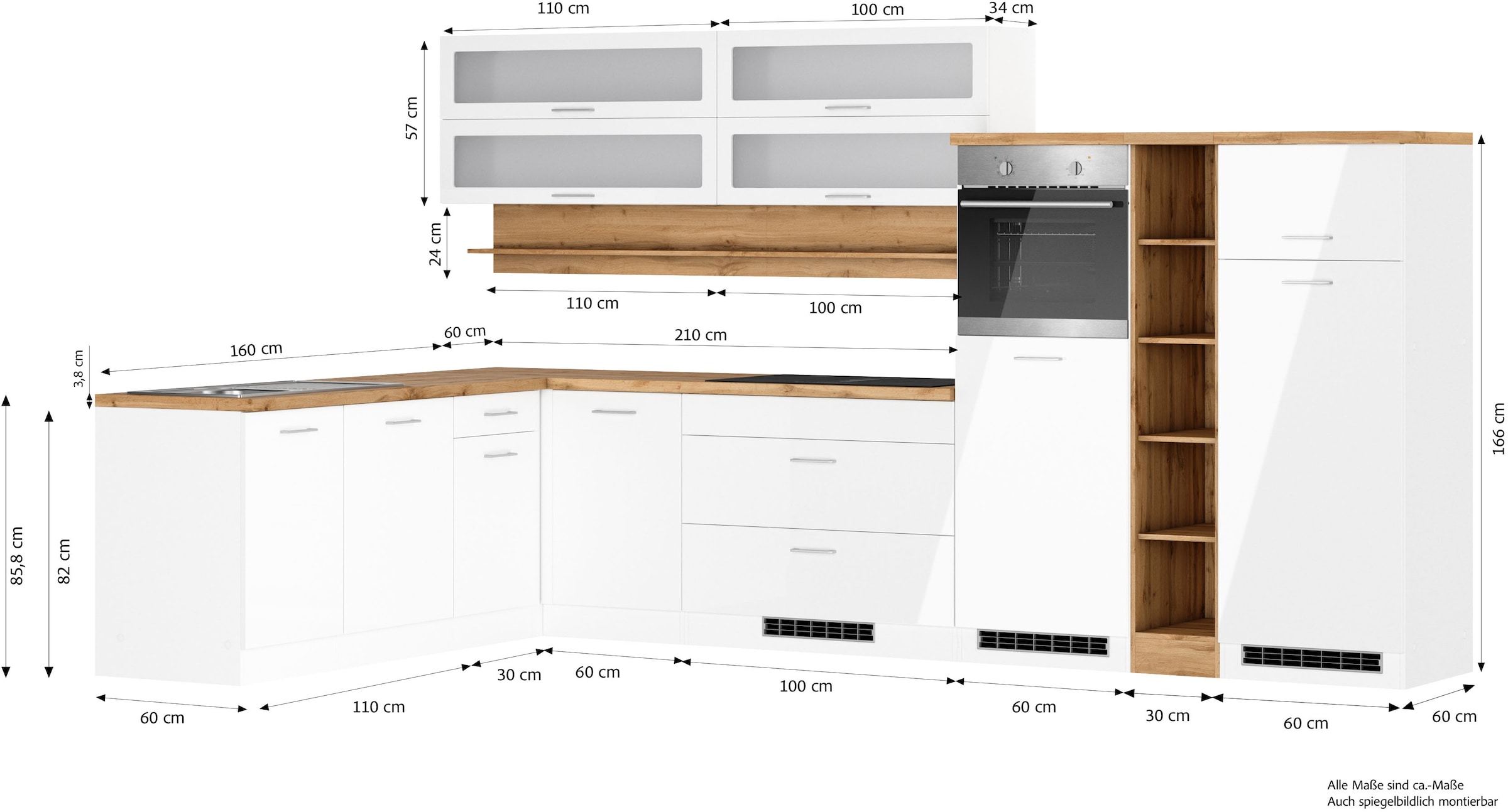 KOCHSTATION Winkelküche »Winkelküche KS-Milan, optional mit Muldenlüfter«, Stellbr.360/220 cm, wahlweise mit E-Geräten, Kochfeld mit Dunstabzug