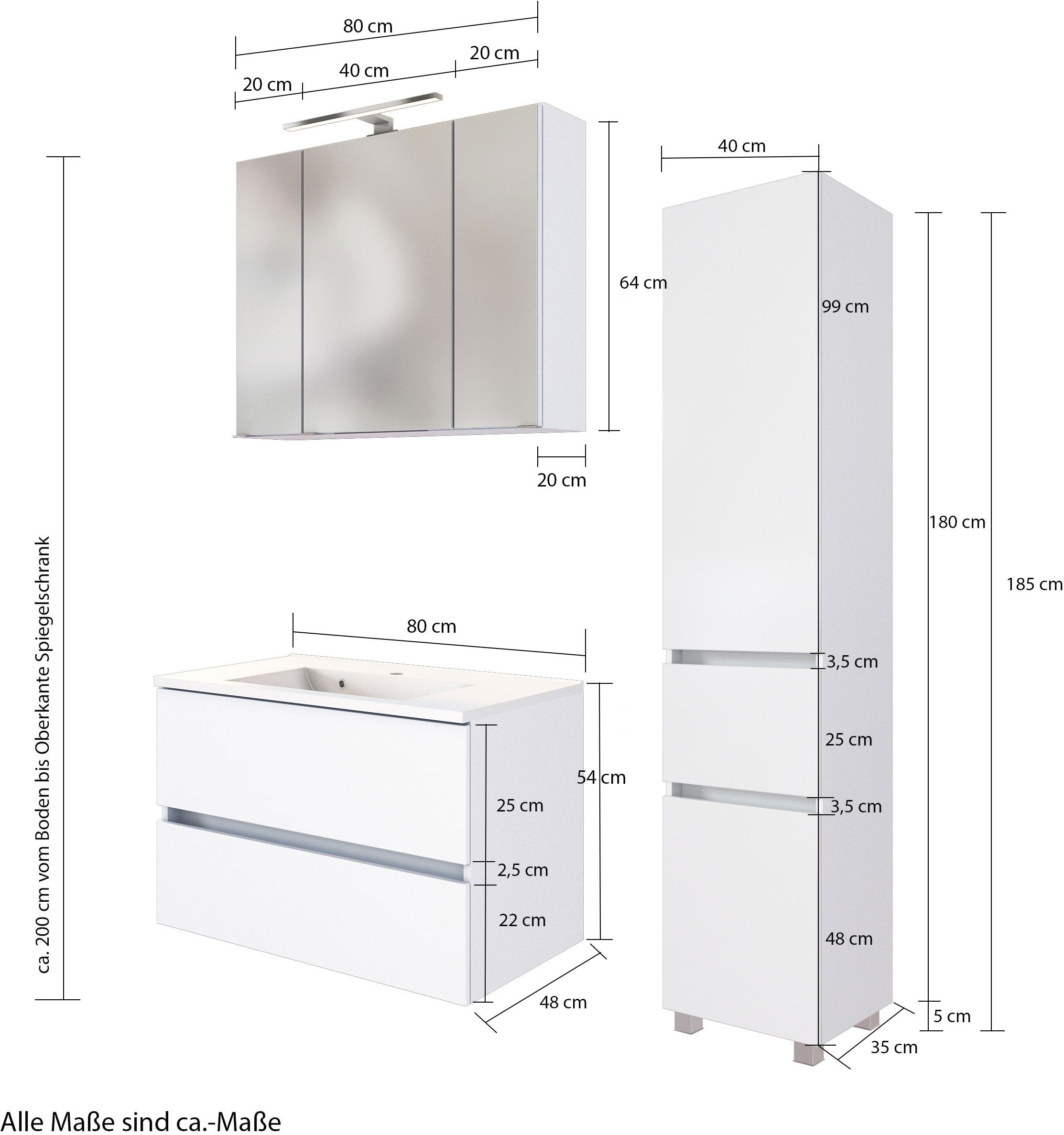 welltime Badmöbel-Set »Welltime Möbel Baabe Waschtisch-Set 3tlg. oder 5tlg.«, (3 St.), gedämpfte Scharniere und Softclose-Funktion, inklusive LED-Beleuchtung