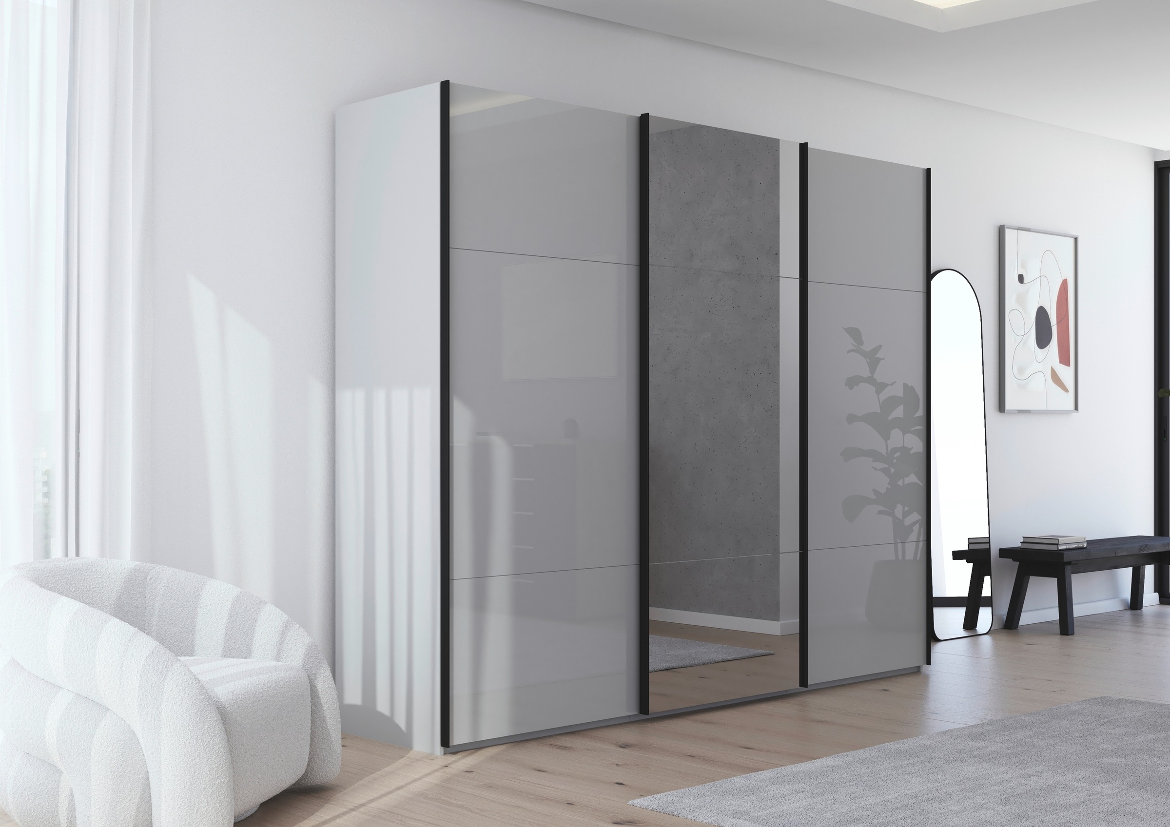 rauch Schwebetürenschrank »Kleiderschrank Schrank Garderobe Schlafzimmerschrank CONTIDO«, (in 3 verschiedenen Ausstattungen BASIC/CLASSIC/PREMIUM), aus hochwertigem Material in 6 Breiten 2 Griff-Farben MADE IN GERMANY