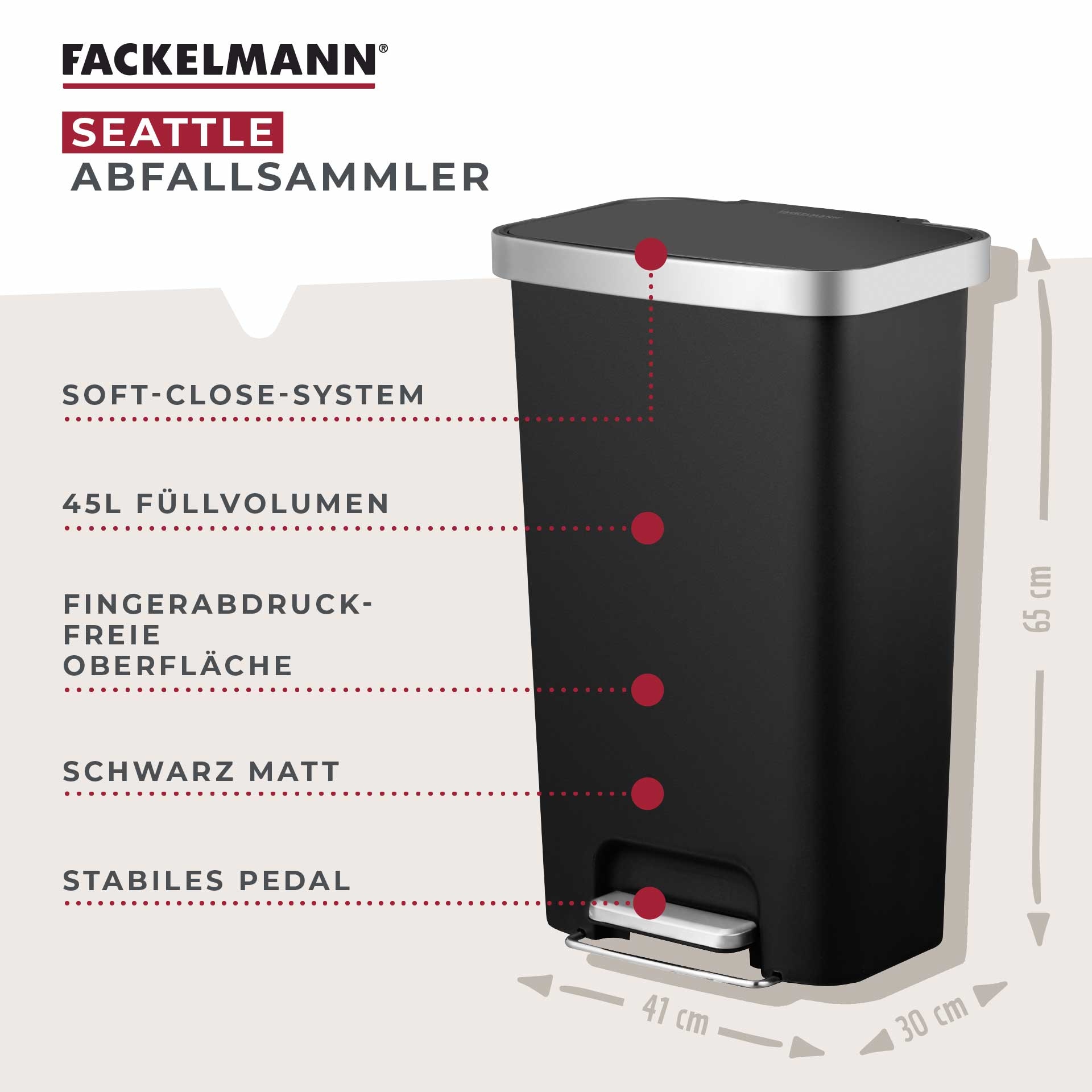 FACKELMANN Mülleimer »SEATTLE, Pedal-Abfalleimer 45L« 1 Behälter stilvoller Mülleimer mit Soft-Close System & robustem Pedal